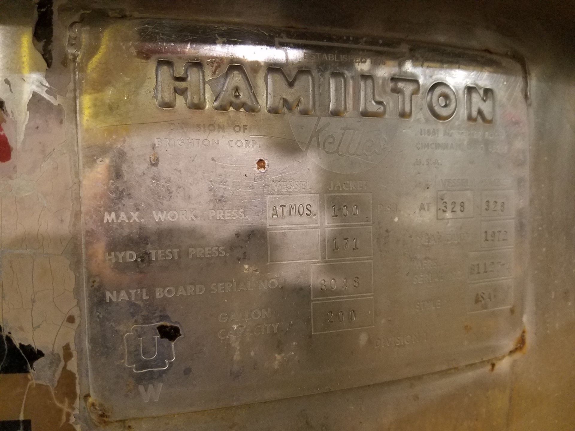 Hamilton Stainless Mixing Kettle, 200 Gal. Cap. | Rigging: $300 - Image 5 of 5