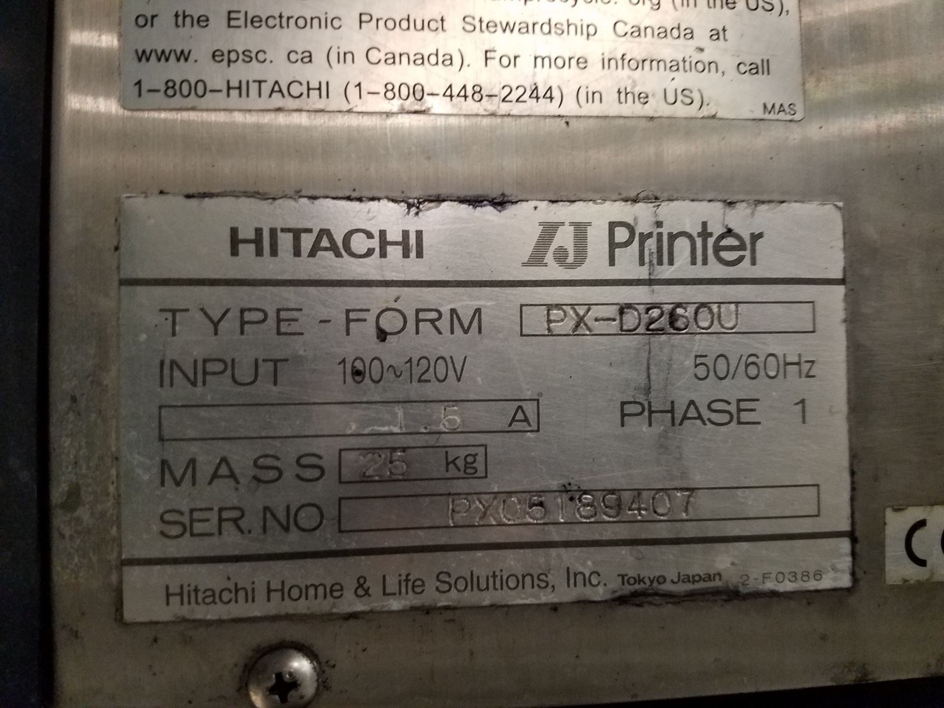 Hitachi Inkjet Printer, M# PX-D260U, S/N PX05189407 | Rigging: $35 - Image 2 of 2