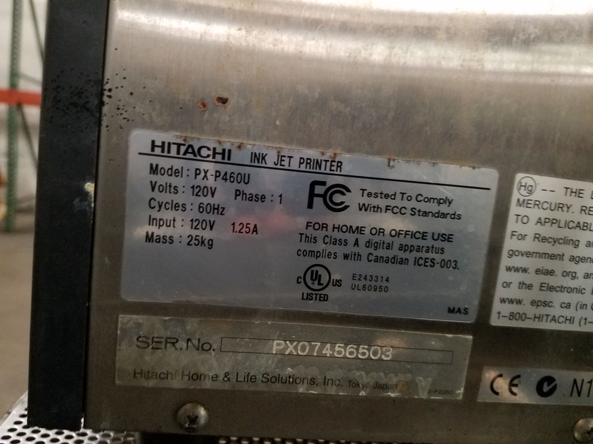 Hitachi Inkjet Printer, M# PX-P460U, S/N PX07456503 | Rigging: $35 - Image 2 of 2