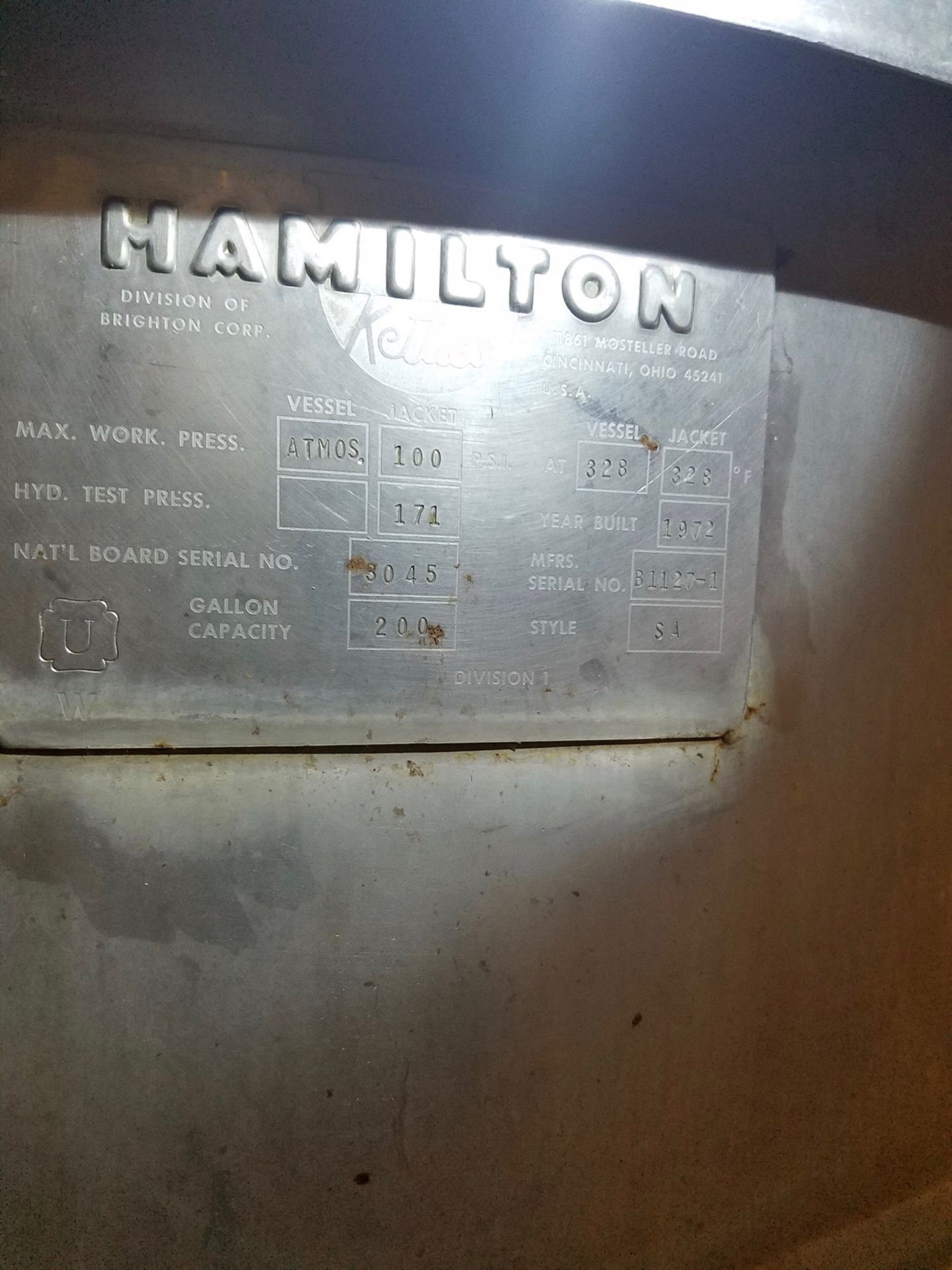 Hamilton Stainless Mixing Kettle, 200 Gal. Cap. | Rigging: $300 - Image 4 of 4