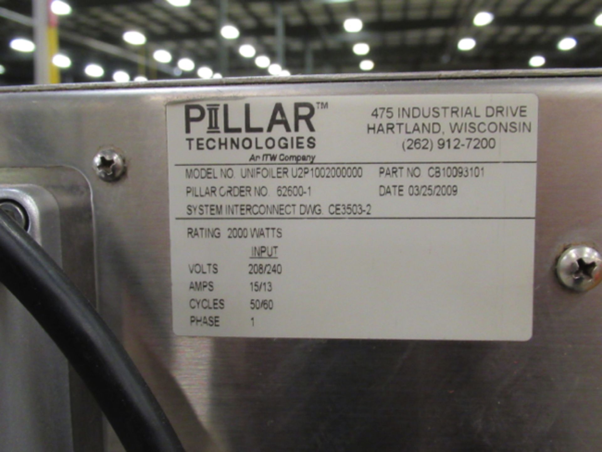 2009 PILLAR INDUCTION SEALER MODEL UNFOILER U2P1002000000 PART # CB100 | RIGGING/LOADING FEE: $25 - Image 3 of 3