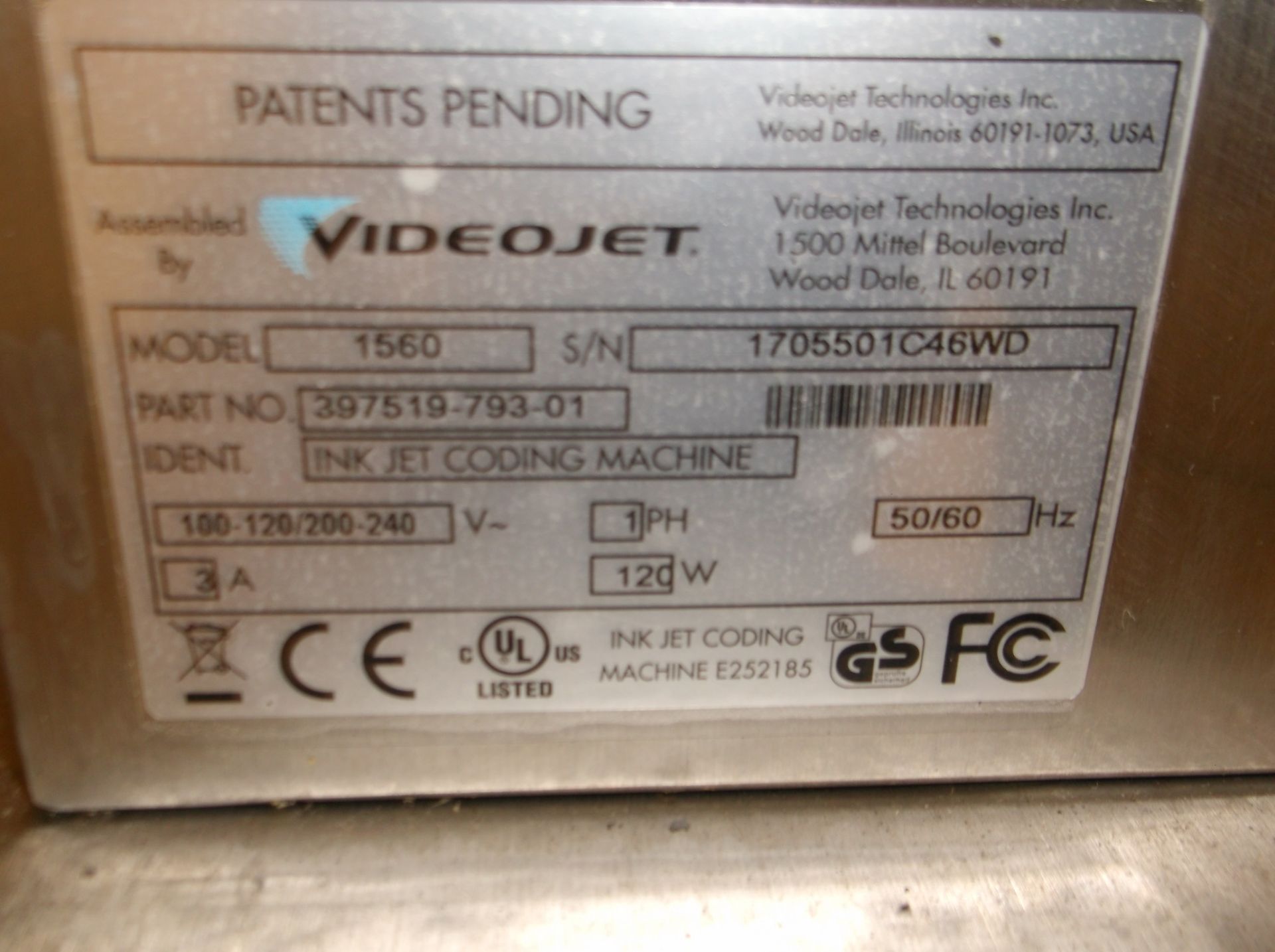 Videojet inkjet coder S/N 1705501C46WD M# 1560 | Rigging/Loading Fee: $200 - Image 3 of 4