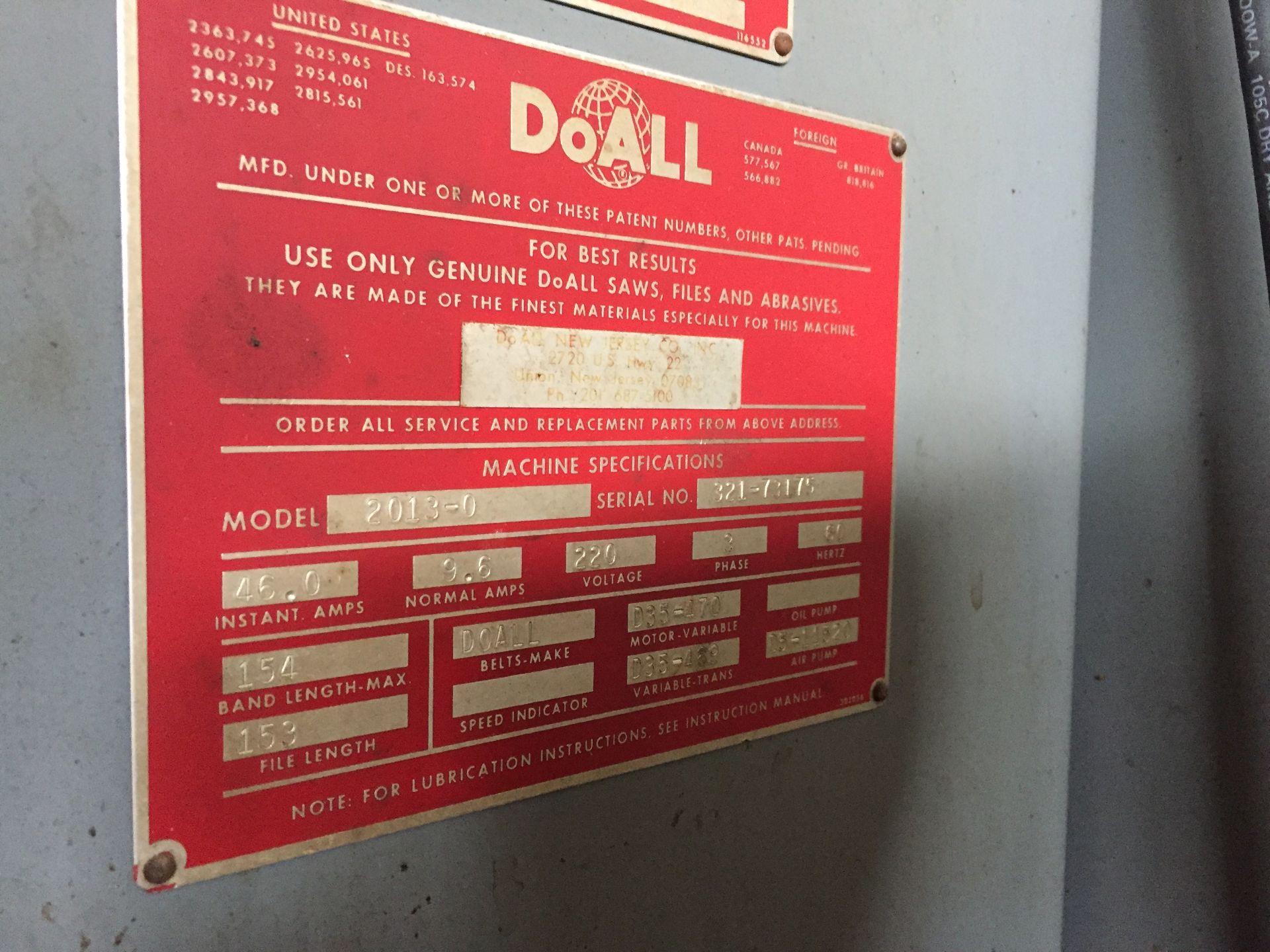 Do-All Model 2013-0 Band Saw, Max Band Length 154in, 220V, S/N: 321-731 | Rigging/Loading Fee: $200 - Image 3 of 4