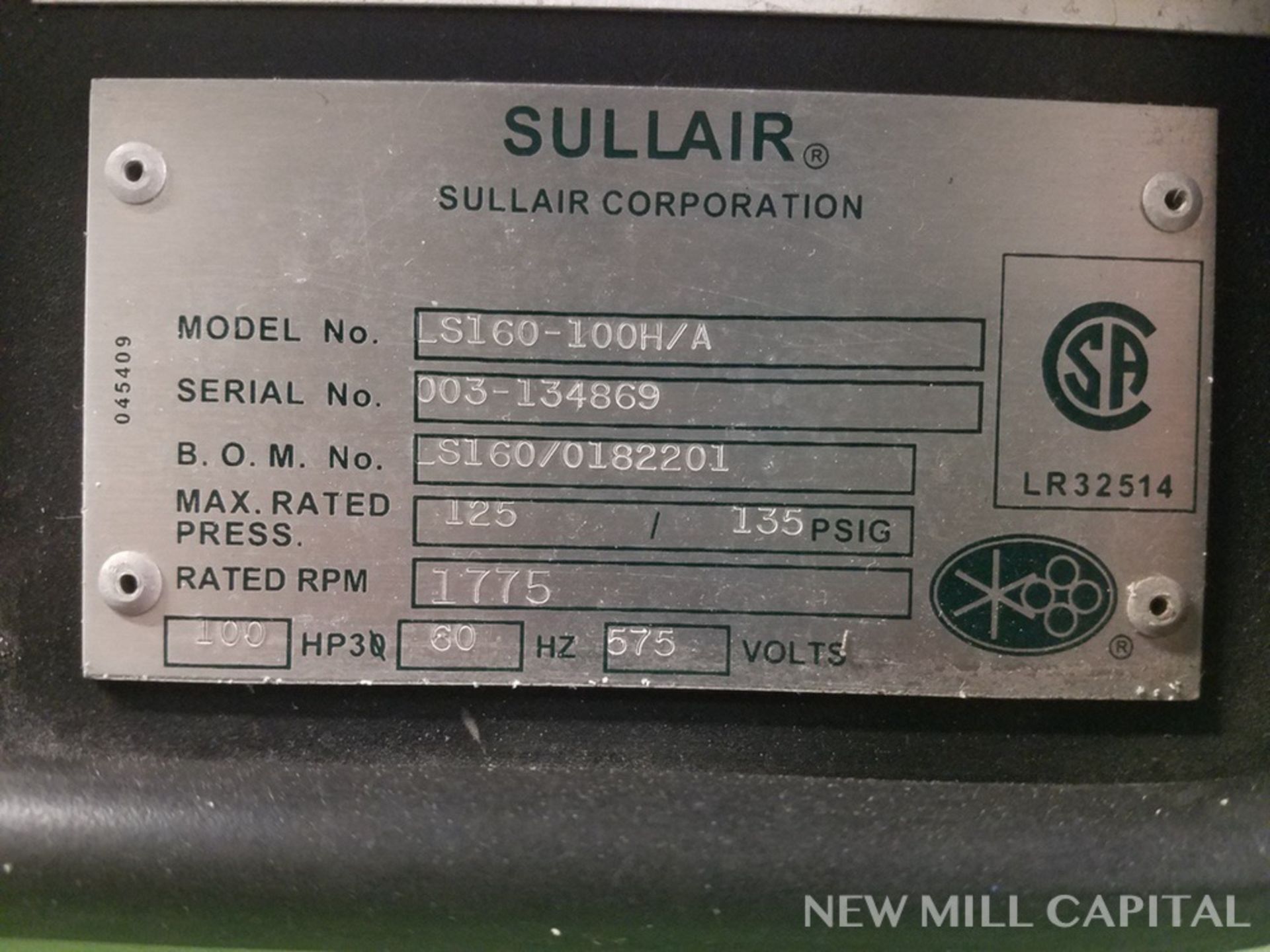 Sullair LS-160 Rotary Screw Air Compressor, 100 HP, M# LS160-100H/A, S/N 003-13 | Rigging Fee: $400 - Image 2 of 4