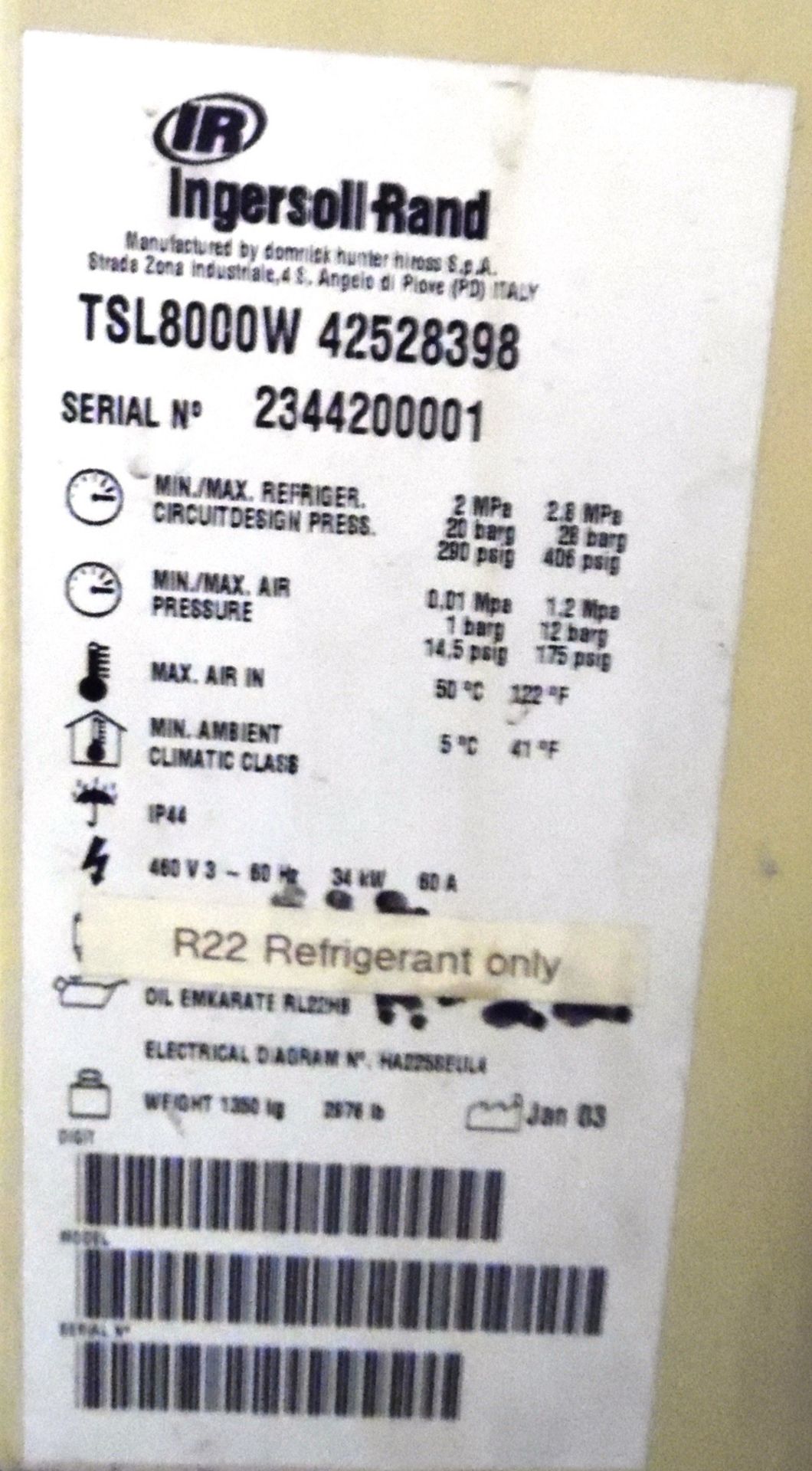 Ingersoll Rand TSL8000W 8,000 Scfm Air Dryer Utilizing R-22 Refrigerent, Air | No Charge for Loading - Image 3 of 3