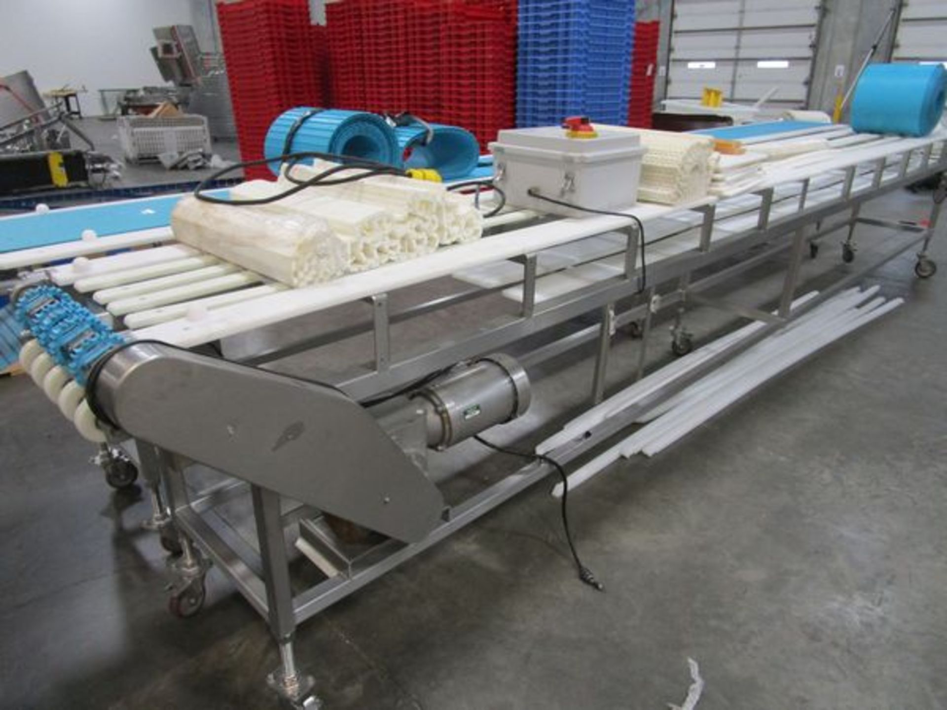 Lot (2) Stainless Steel 14" x 17' Belt Over Slat Conveyors, (1) Drive Motor | Rigging Fee: $250 - Image 2 of 7