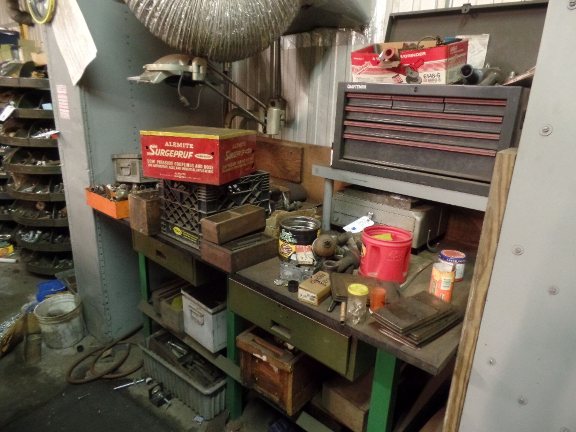 {LOT}Bolts, Nuts, Fittings, Punches, Etc. on Cabinet and Work Bench. Bench Included - Image 2 of 2