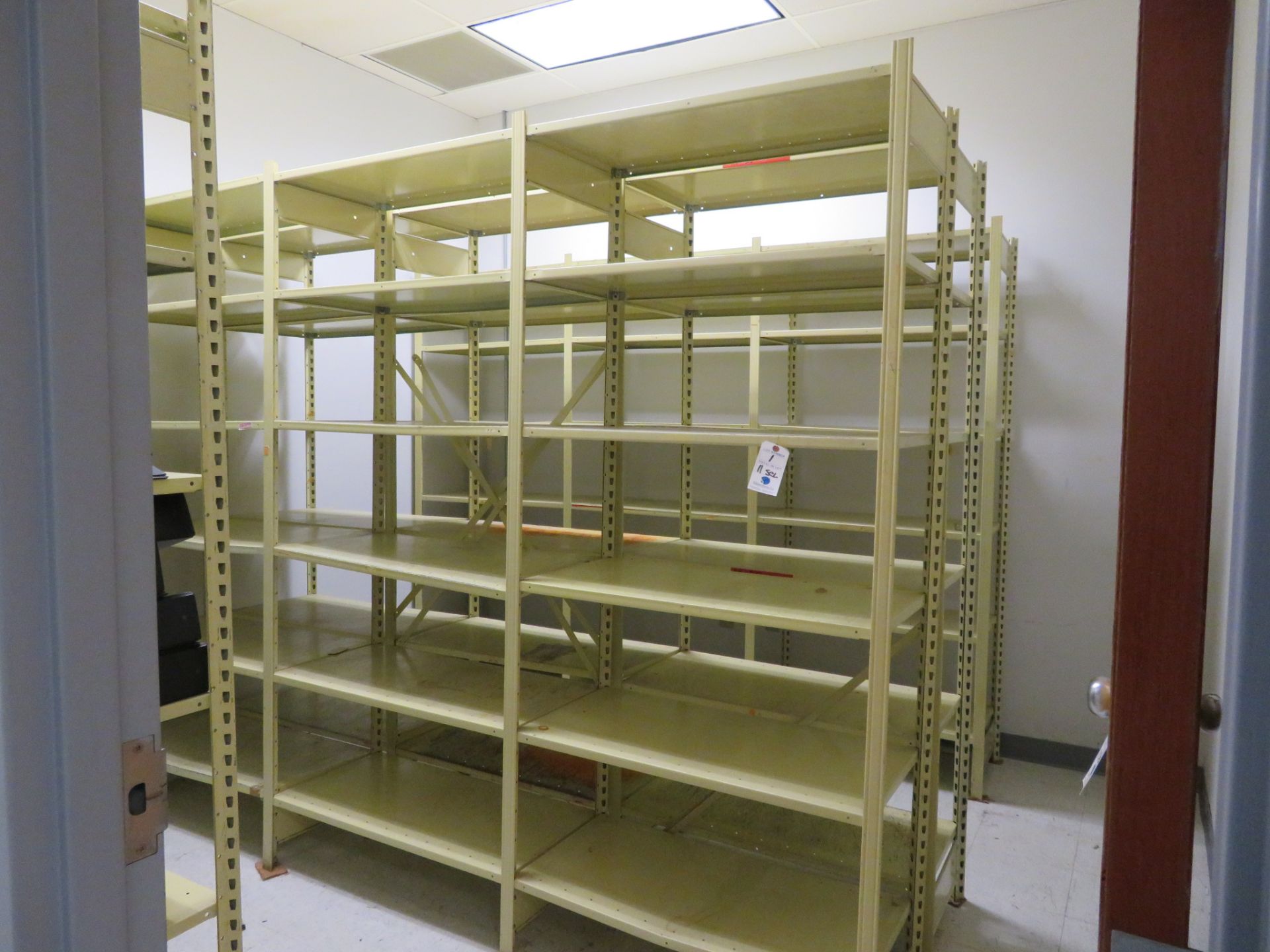 (11) Sections of Metal Equipto Shelving w/ 6 Shelves (In Room) Width: 3' Height: 7' Depth: 19"