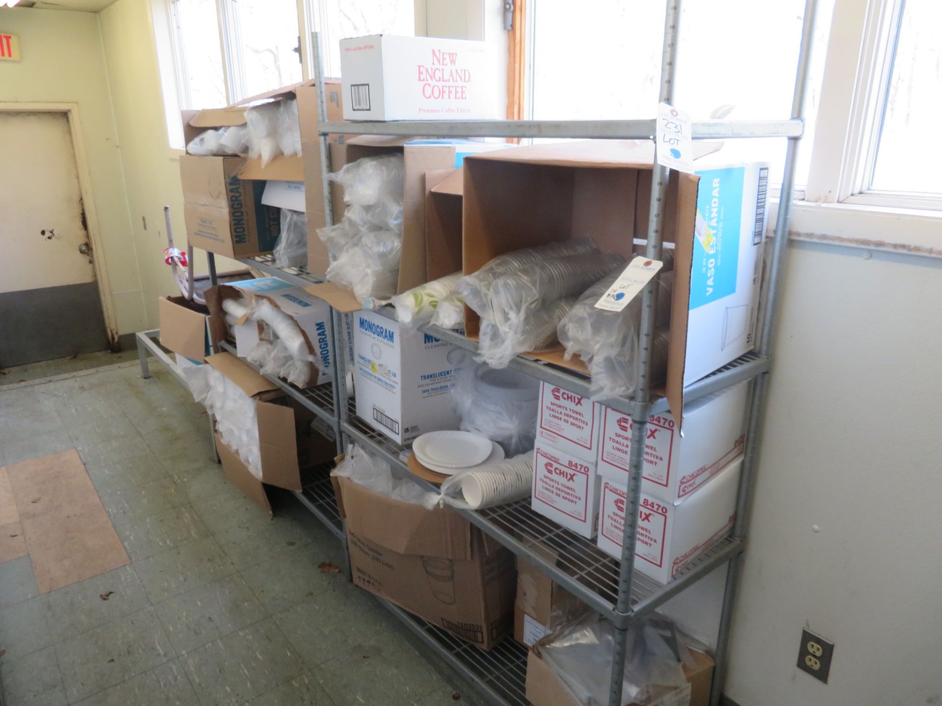 [Lot] Contents Hallway And Cabinet Consisting of Paper & Plastic, Cups, Plates, and Bags Etc.