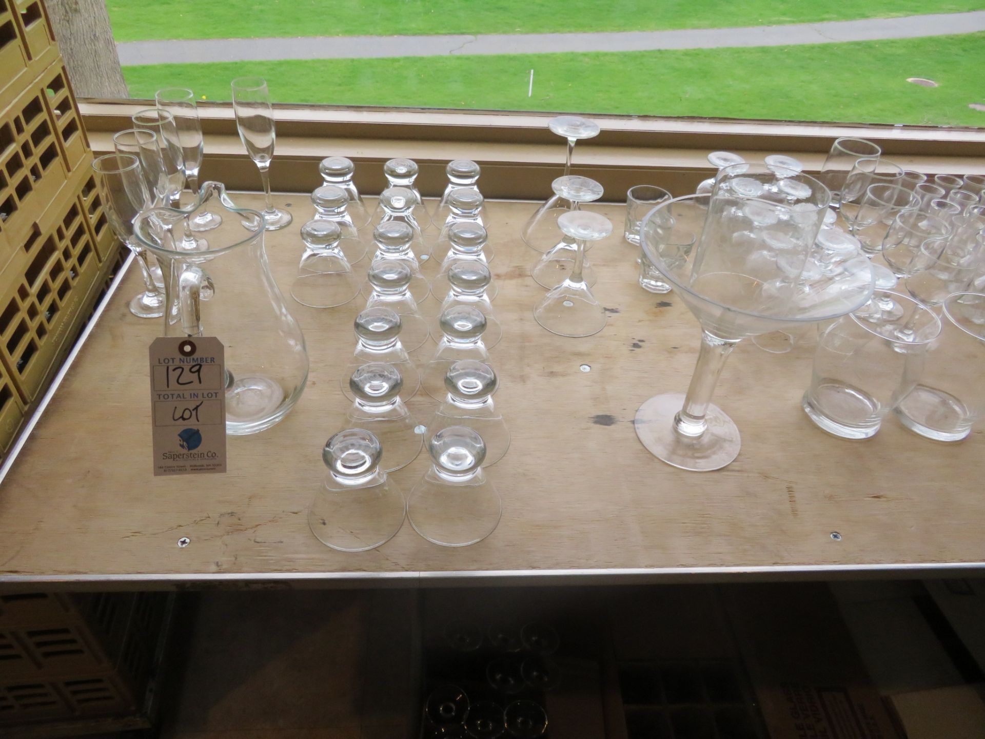 [Lot] Asst. Glassware On Table And Boxes On Floor