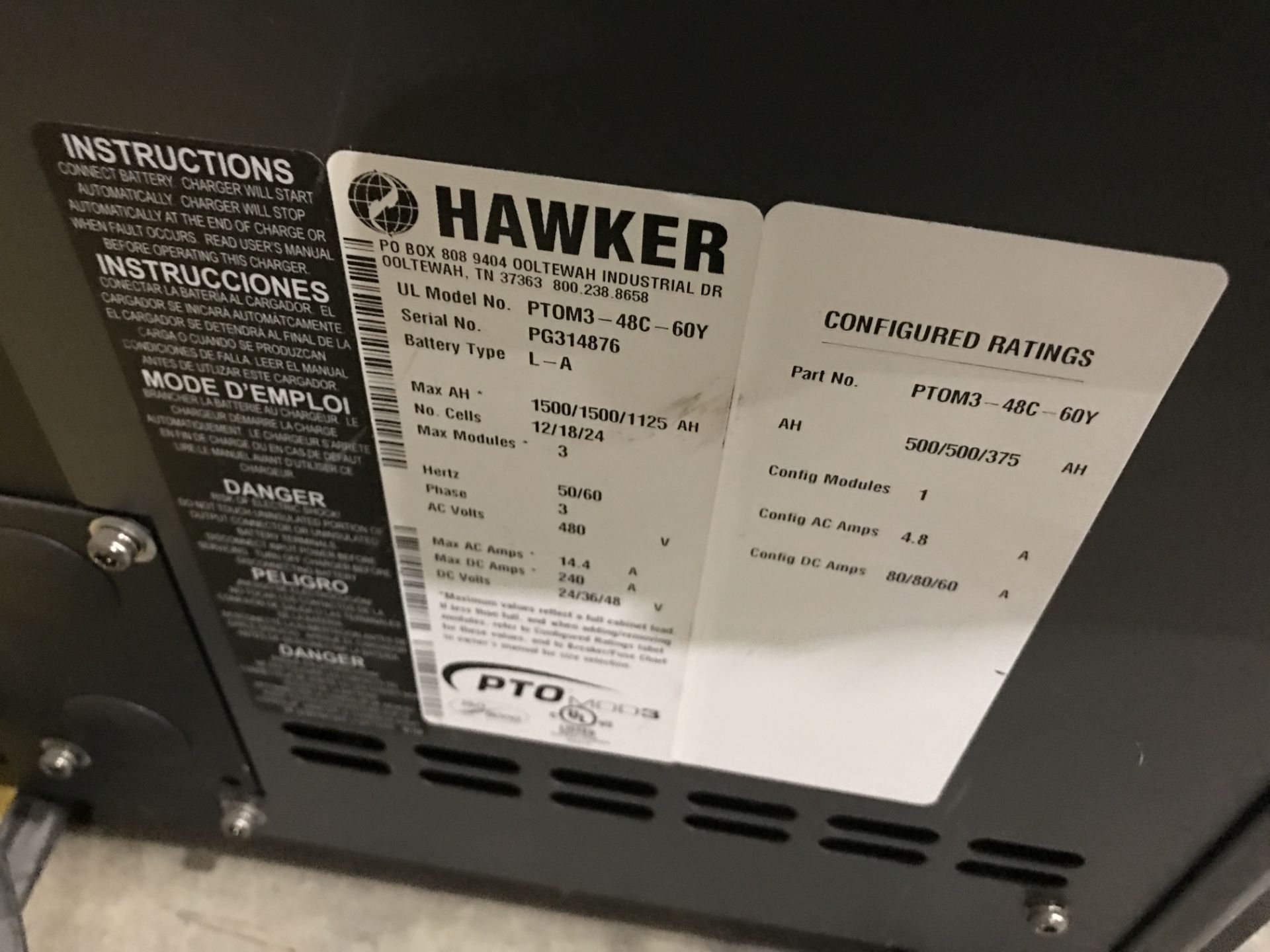 Hawker #PTOM3 Battery Charger, 50/60Hz, 3 Phase, 480V, 14.4 Amp (See Label For More Info) - Image 2 of 2