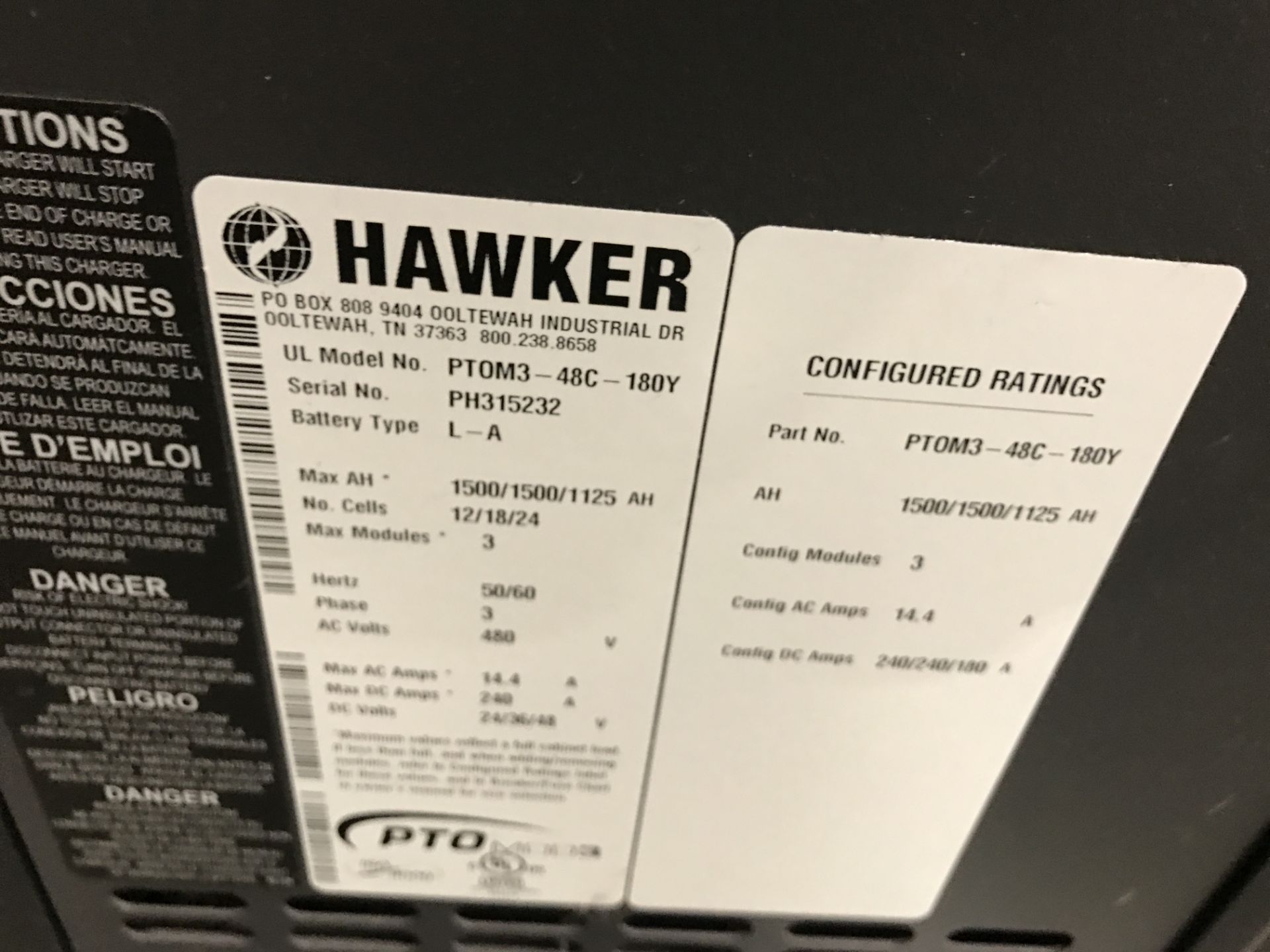 Hawker #PTOM3 Battery Charger, 50/60Hz, 3 Phase, 480V, 14.4 Amp (See Label For More Info) - Image 2 of 2