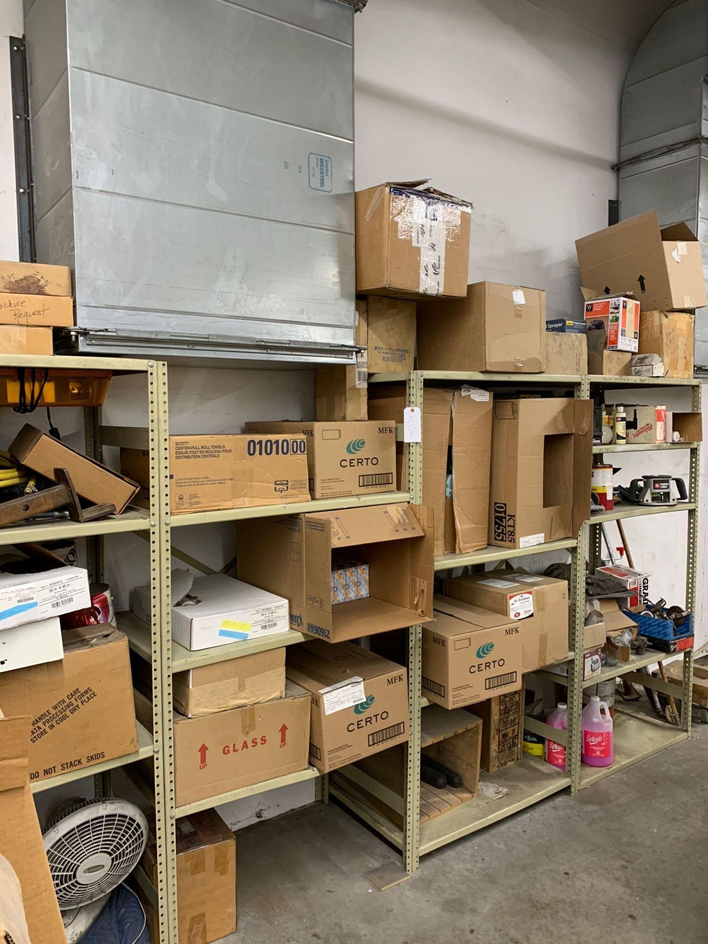 Metal racking and contents including office supplies and fluorescent light bulbs