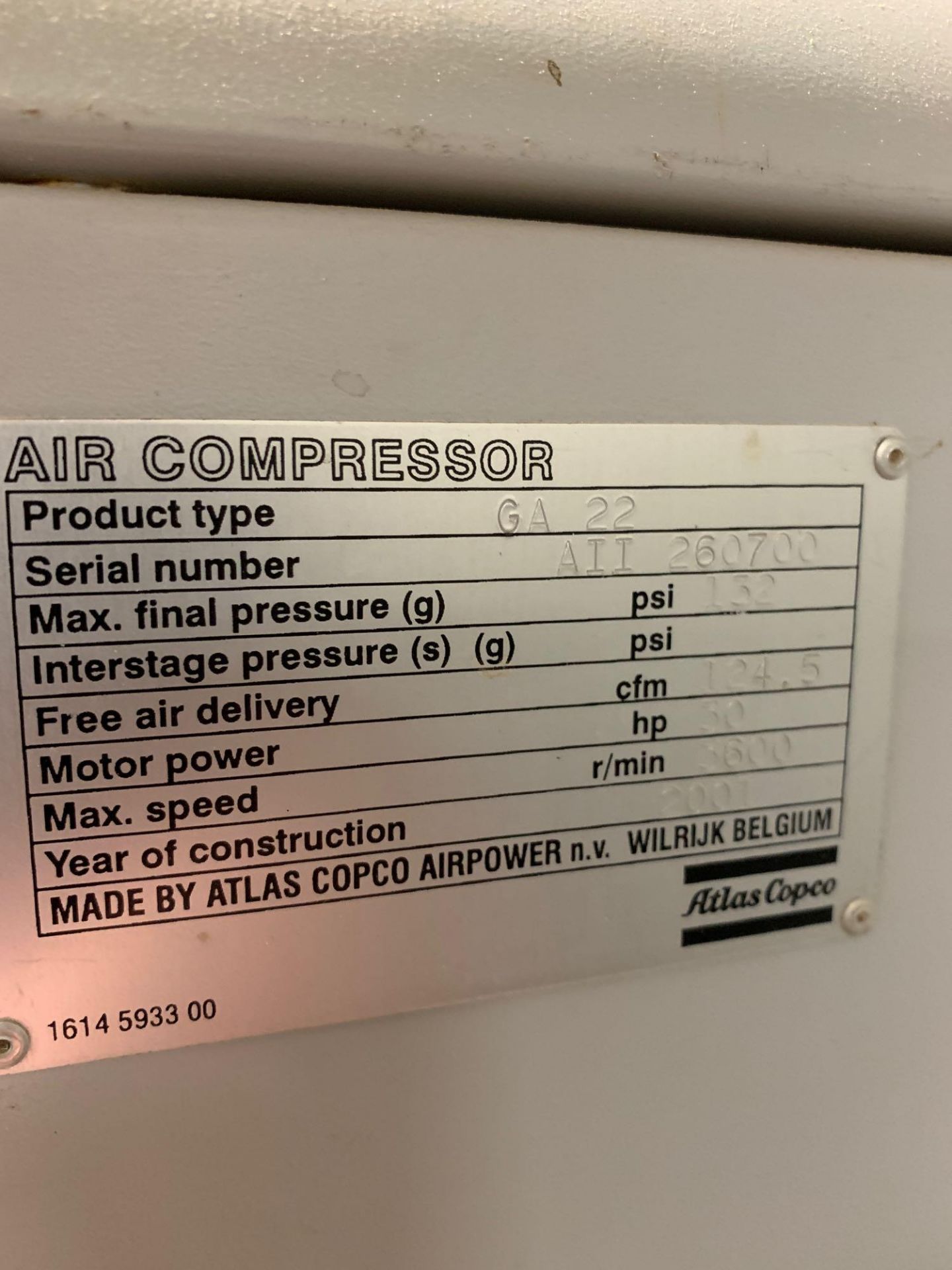 Atlas Copco GA22 FF workplace air system-air compressor. 440v, 3ph, 25HP - Image 3 of 3
