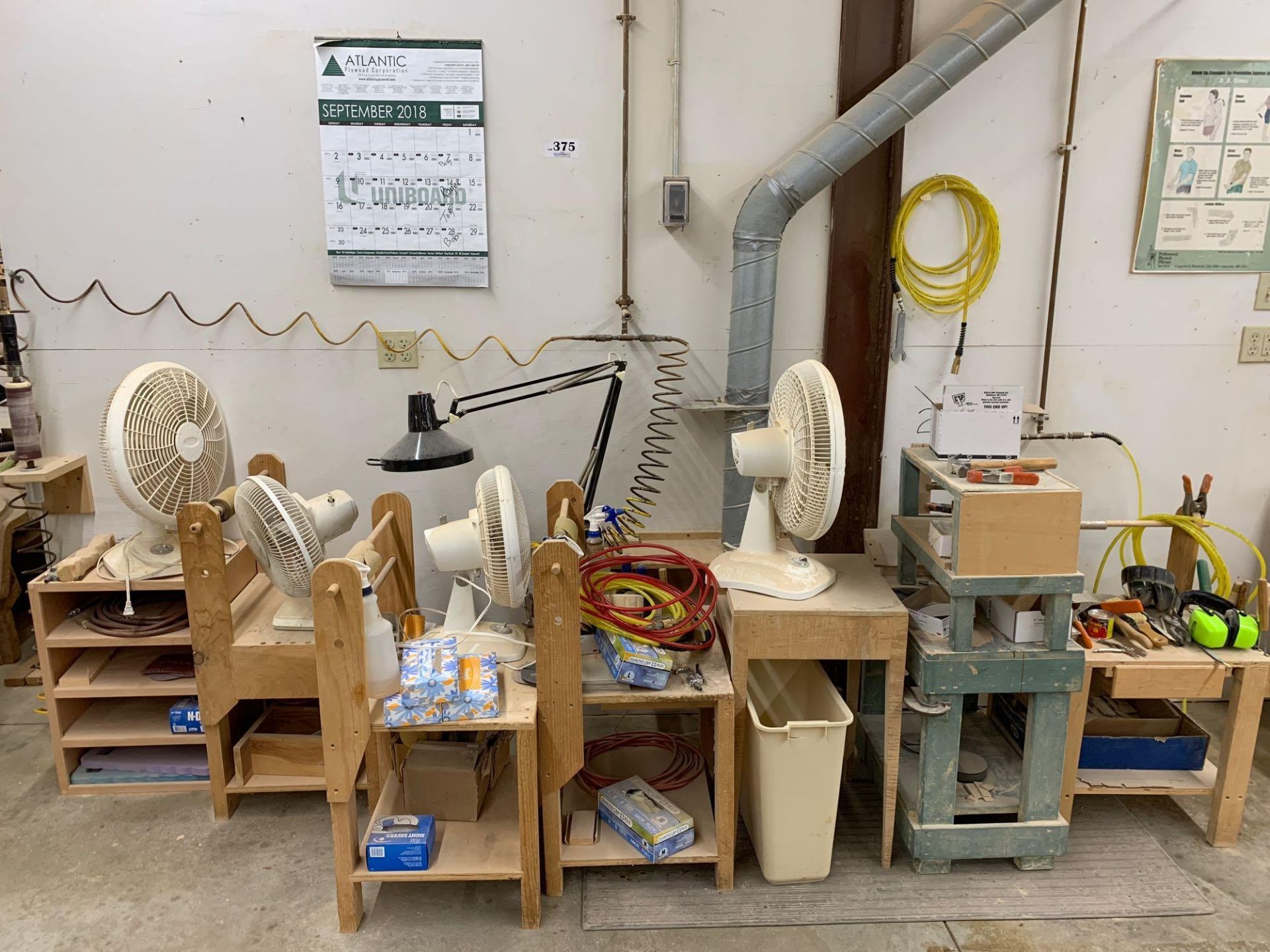 Wall lot to include hand tools, fans, small tables and air hoses