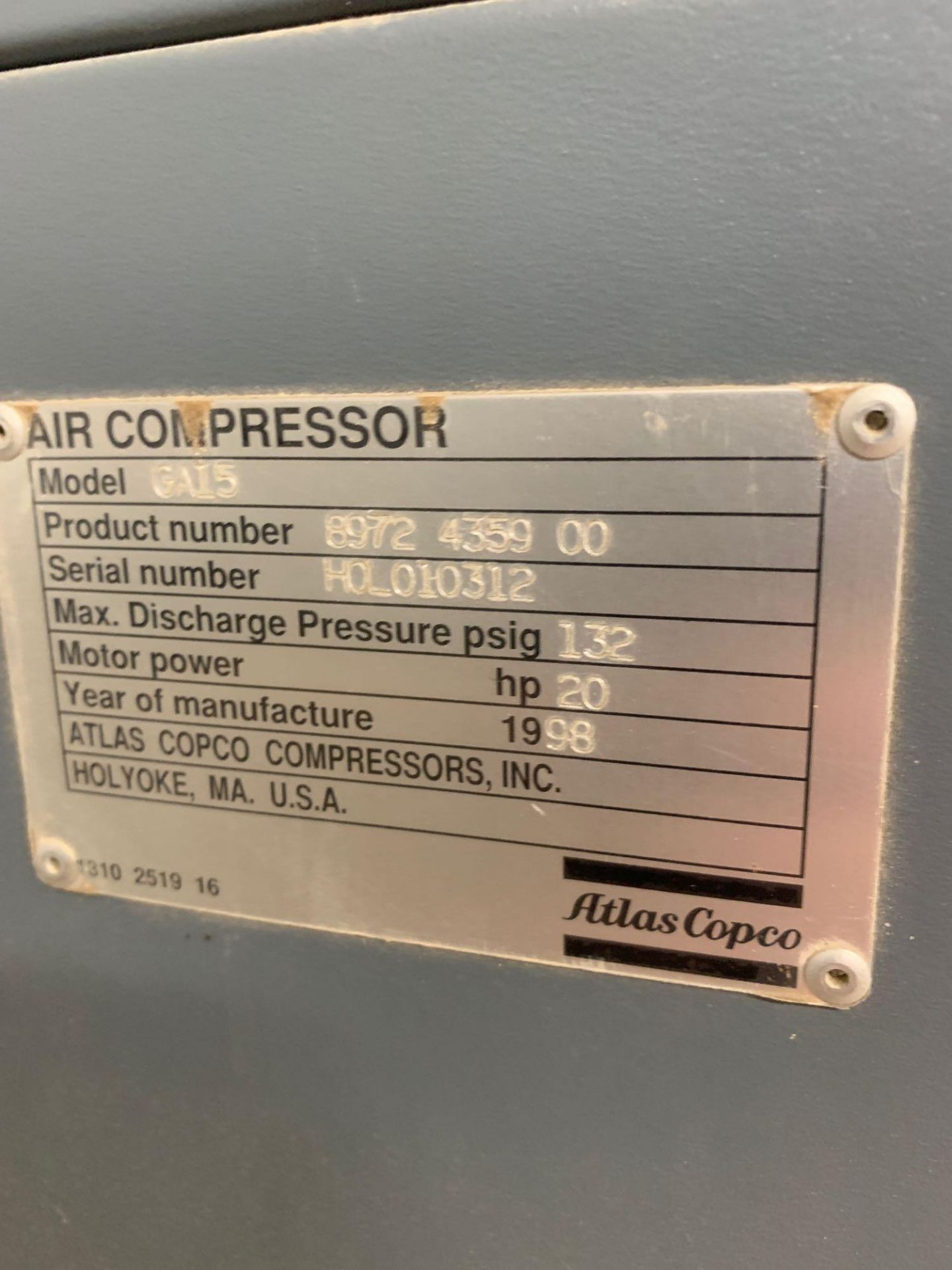 Atlas Copco GA15 workplace air system-air compressor. 440v, 3ph, 15HP - Image 2 of 2