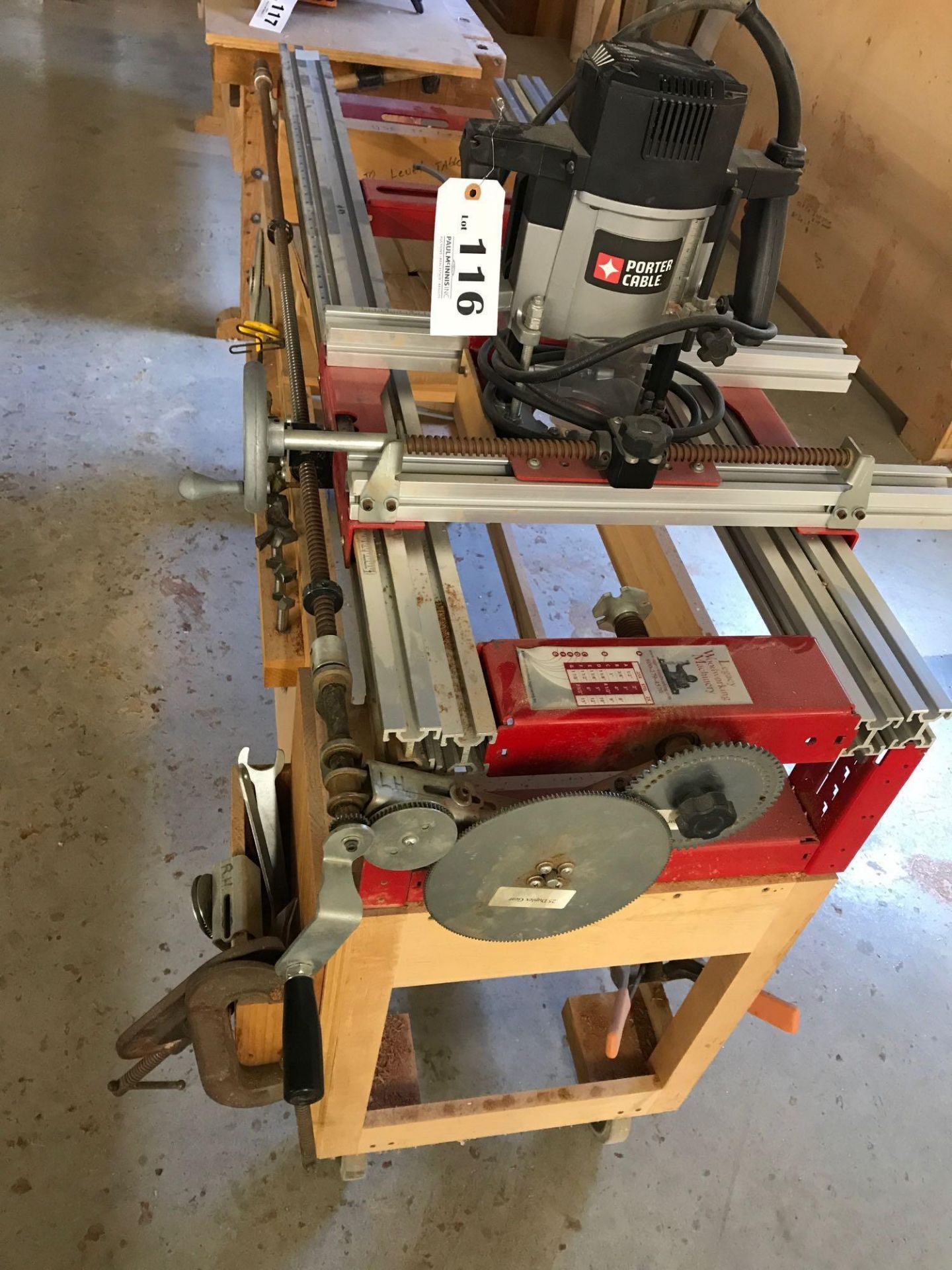 Legacy woodworking sliding router table with Porter-Cable router and bits