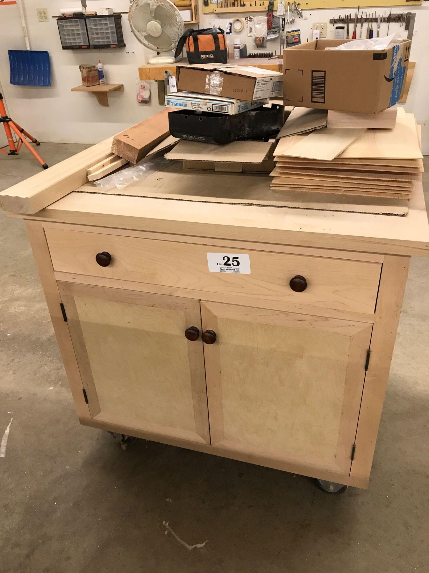 Custom rolling cabinet with drawer slide hardware contents