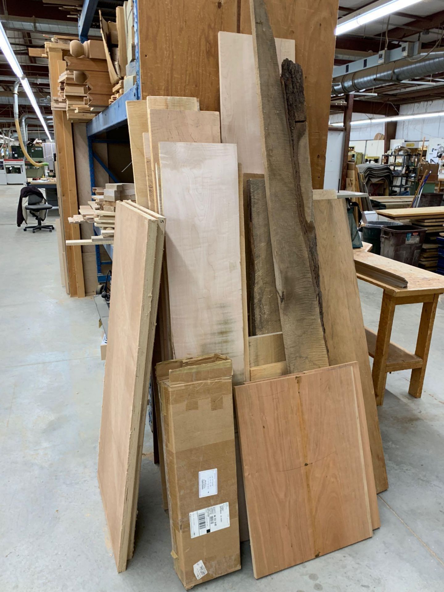 Wood cabinet with wood stock and wood stock and contents on blue rack - Image 3 of 4