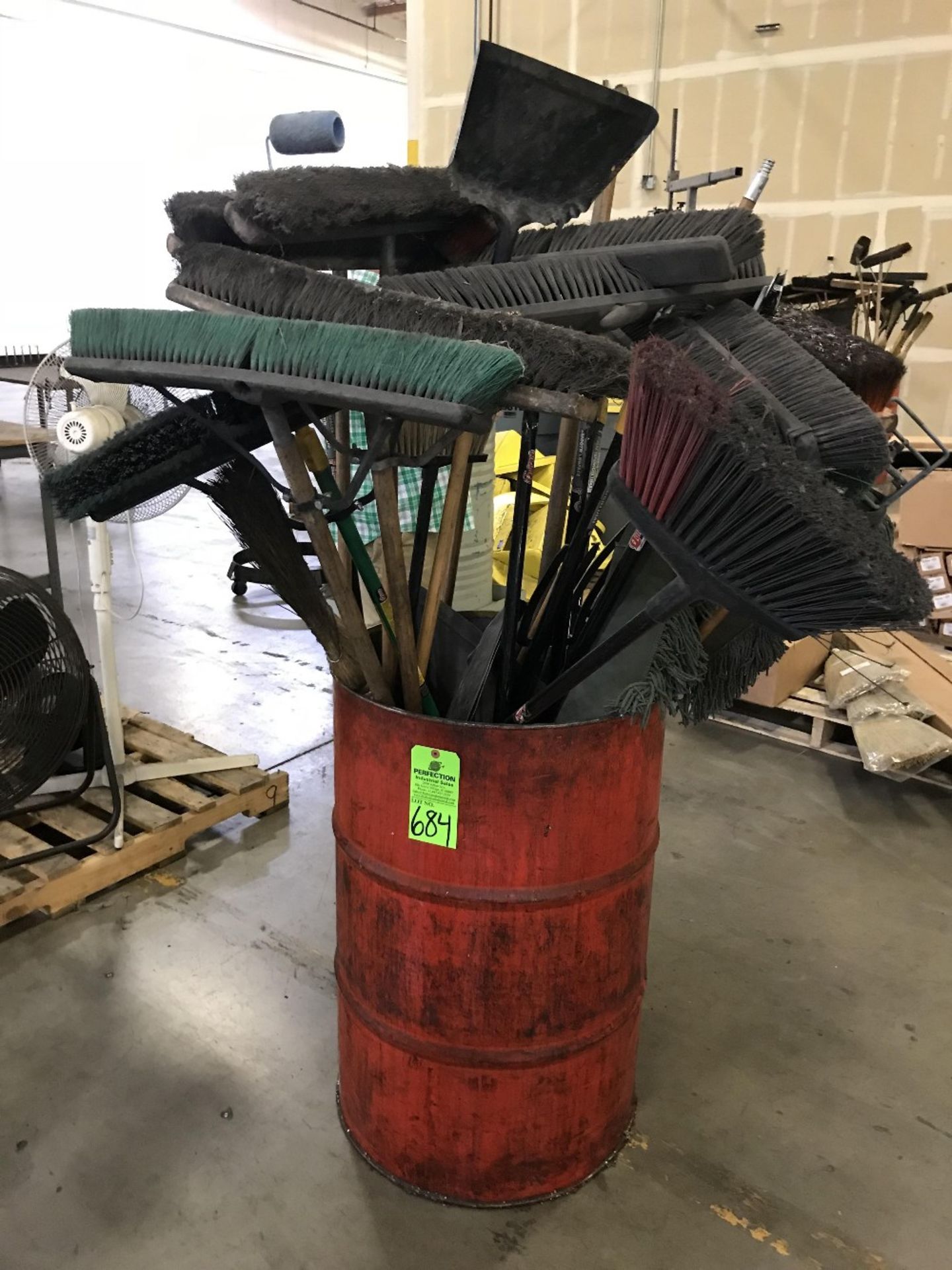 Drum of Assorted Push Brooms