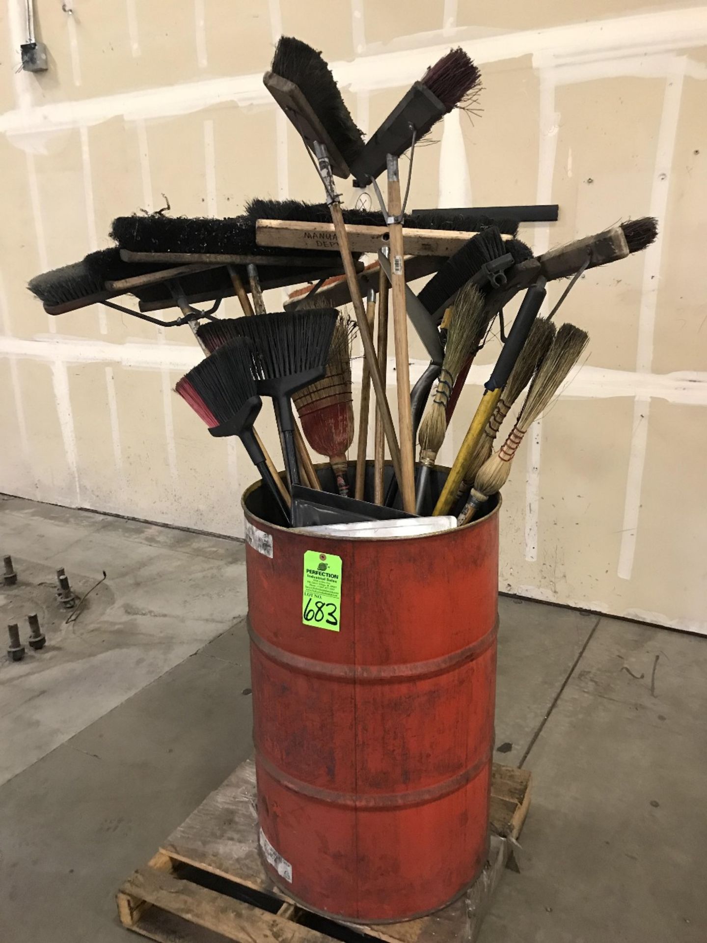 Drum of Assorted Push Brooms