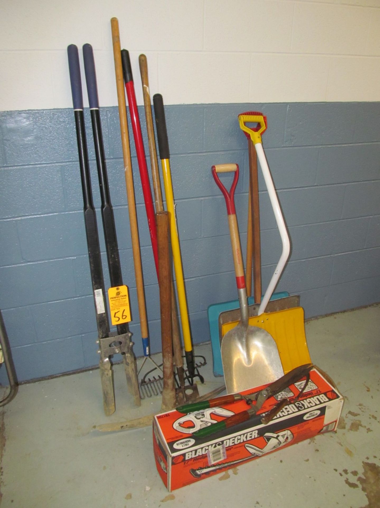 Lot of Assorted Garden Tools, Including; Hedge Trimmers, Shovels, Rakes, Post Hole Digger & Pick