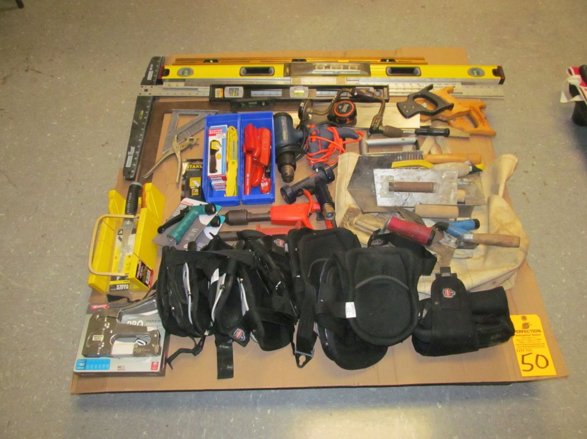 Lot of Assorted Hand Tools, Including; Levels, Squares, Trowels, Saws, Knee Pads, Stud Guns, Heat