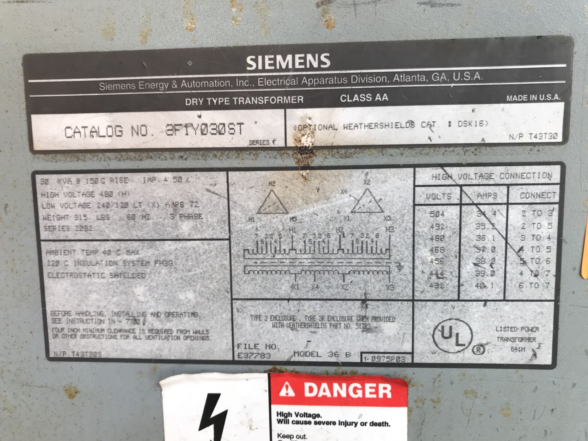 Siemens 30 KVA 3F1Y030ST Transformer, 480V High/240V Low - Image 2 of 2