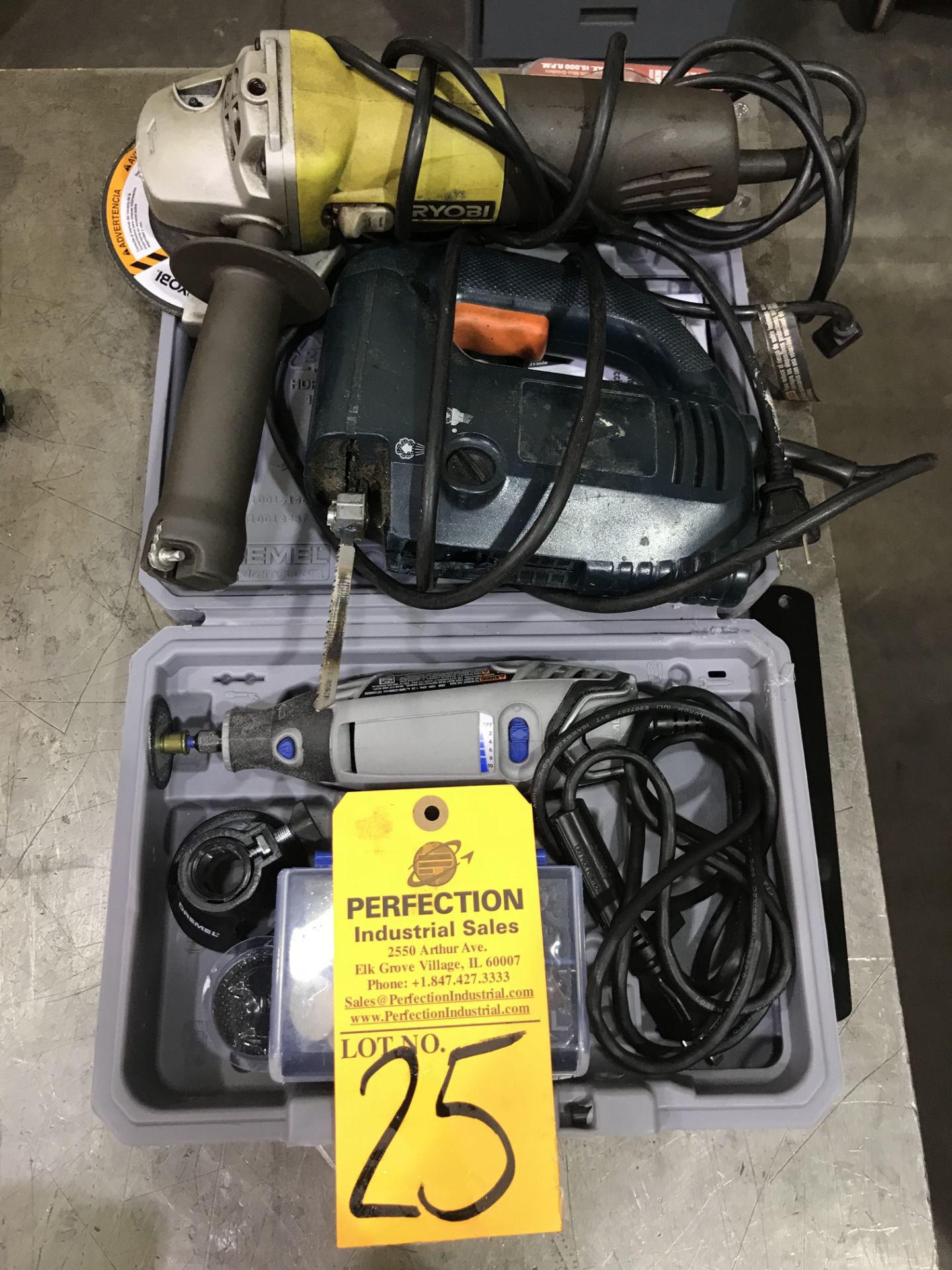 Lot Comprising Dremel 3000 Rotary Tool, Ryobi AG4031G Angle Grinder, and Jigsaw