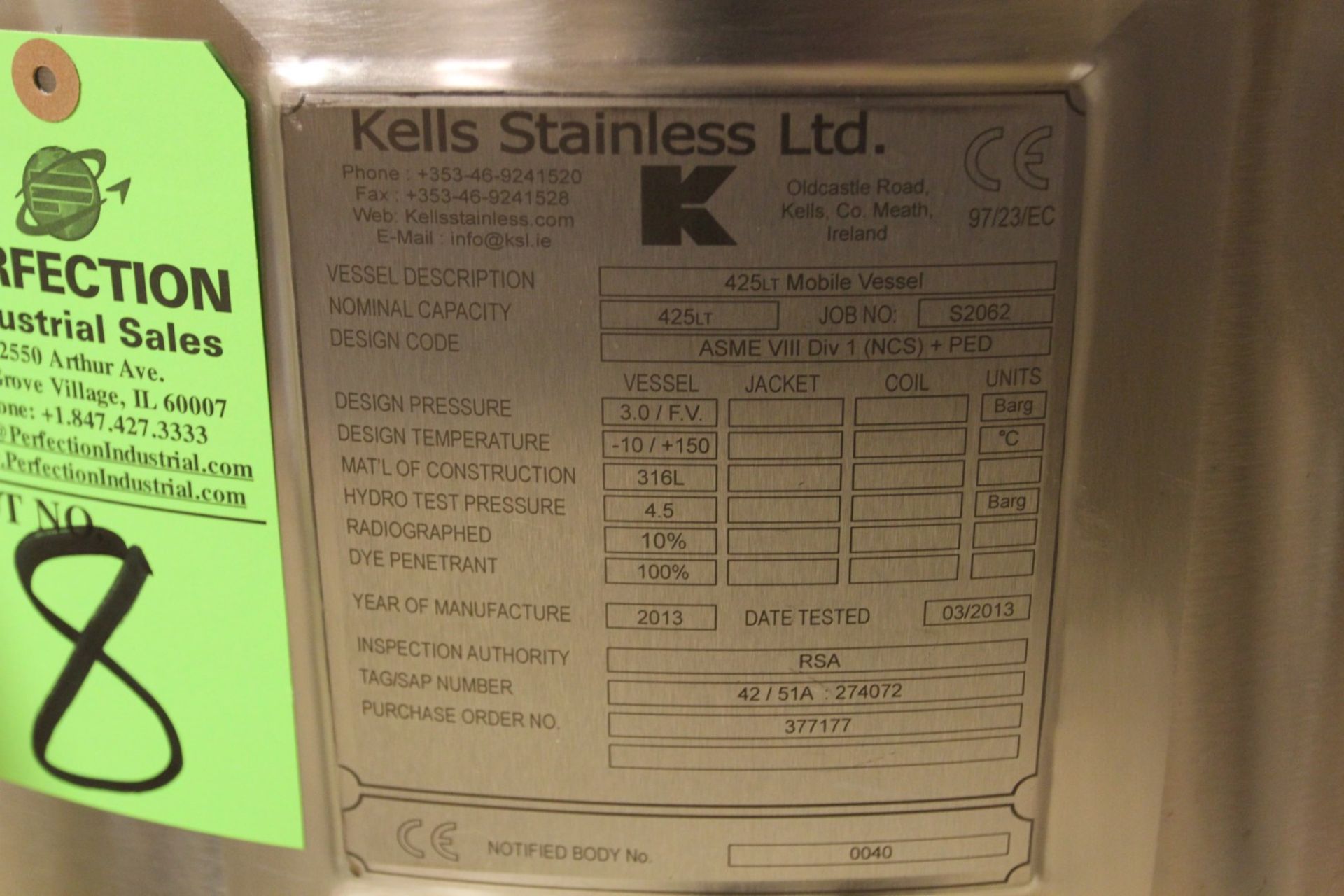 2013 Kells Stainless 425LT Mobile Vessel, Job No S2062, 425 Liter Capacity, 316L Stainless Steel - Image 4 of 4