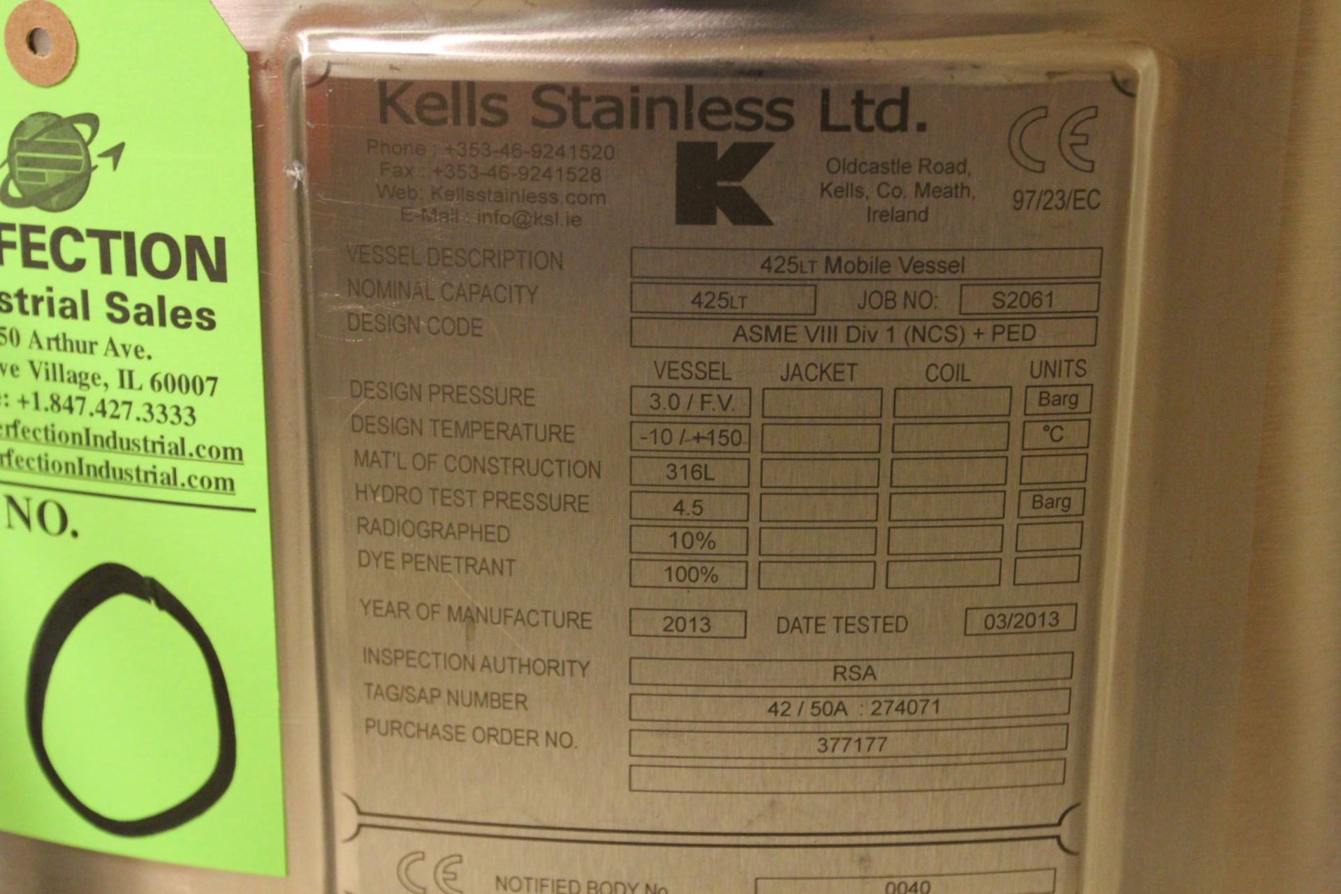 2013 Kells Stainless 425LT Mobile Vessel, Job No S2061, 425 Liter Capacity, 316L Stainless Steel - Image 4 of 4