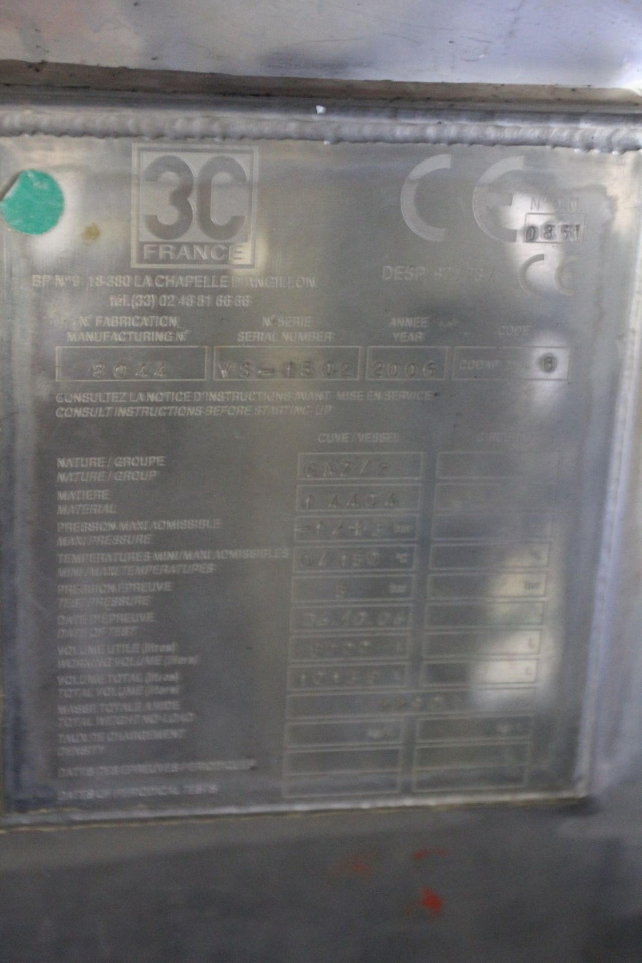 2007 Berson/3C France Stainless Steel Tank Return System, s/n 10749, 2006 3C France 8000 Liter Tank, - Image 9 of 10