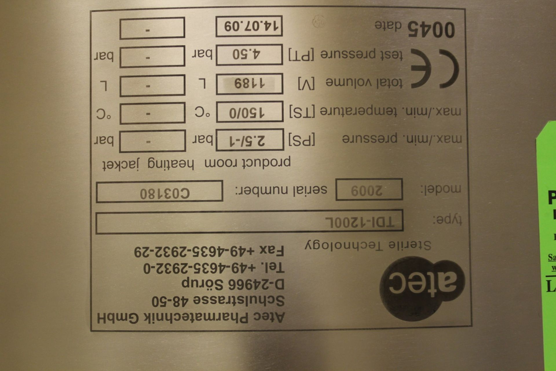 2009 Atec TDI-1200L Stainless Steel Wash Tank, s/n C03180, 1189 Liter Total Volume, 150 Degree C Max - Image 5 of 6