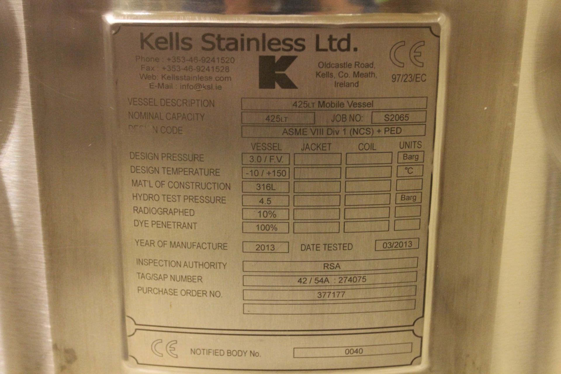 2013 Kells Stainless 425LT Mobile Vessel, Job No S2065, 425 Liter Capacity, 316L Stainless Steel - Image 4 of 4