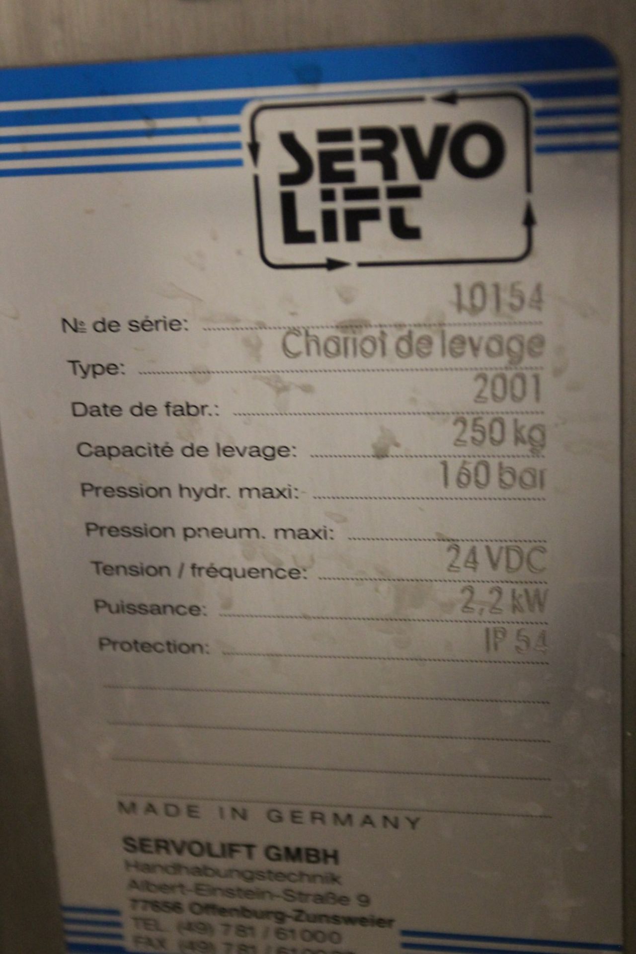 2001 Servo Lift Chariot de Levage (Lifting Trolley), s/n 10154, 250 kg Capacity, 160 bar Max Hyd - Bild 7 aus 7