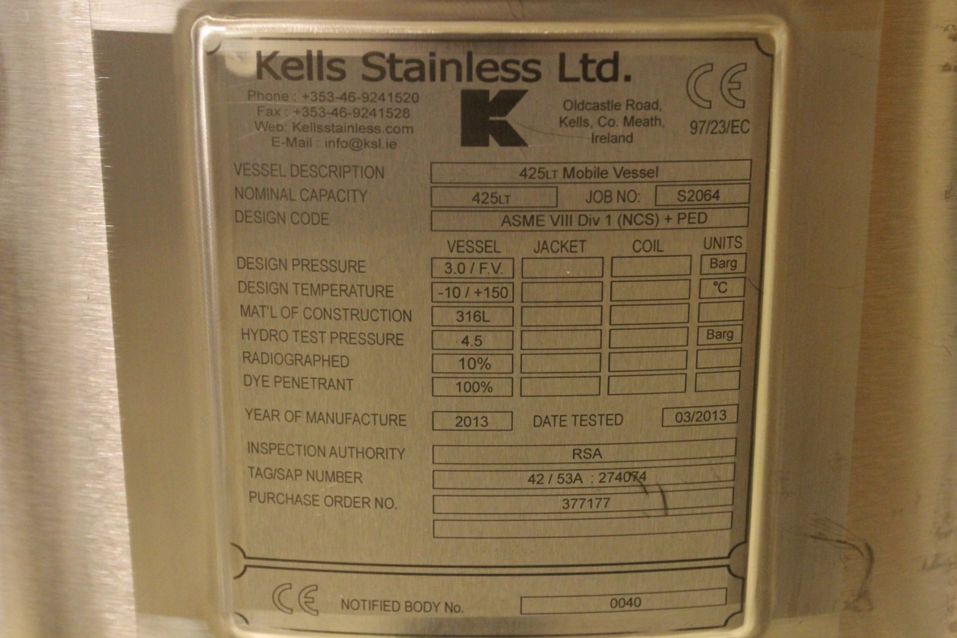 2013 Kells Stainless 425LT Mobile Vessel, Job No S2064, 425 Liter Capacity, 316L Stainless Steel - Image 3 of 3