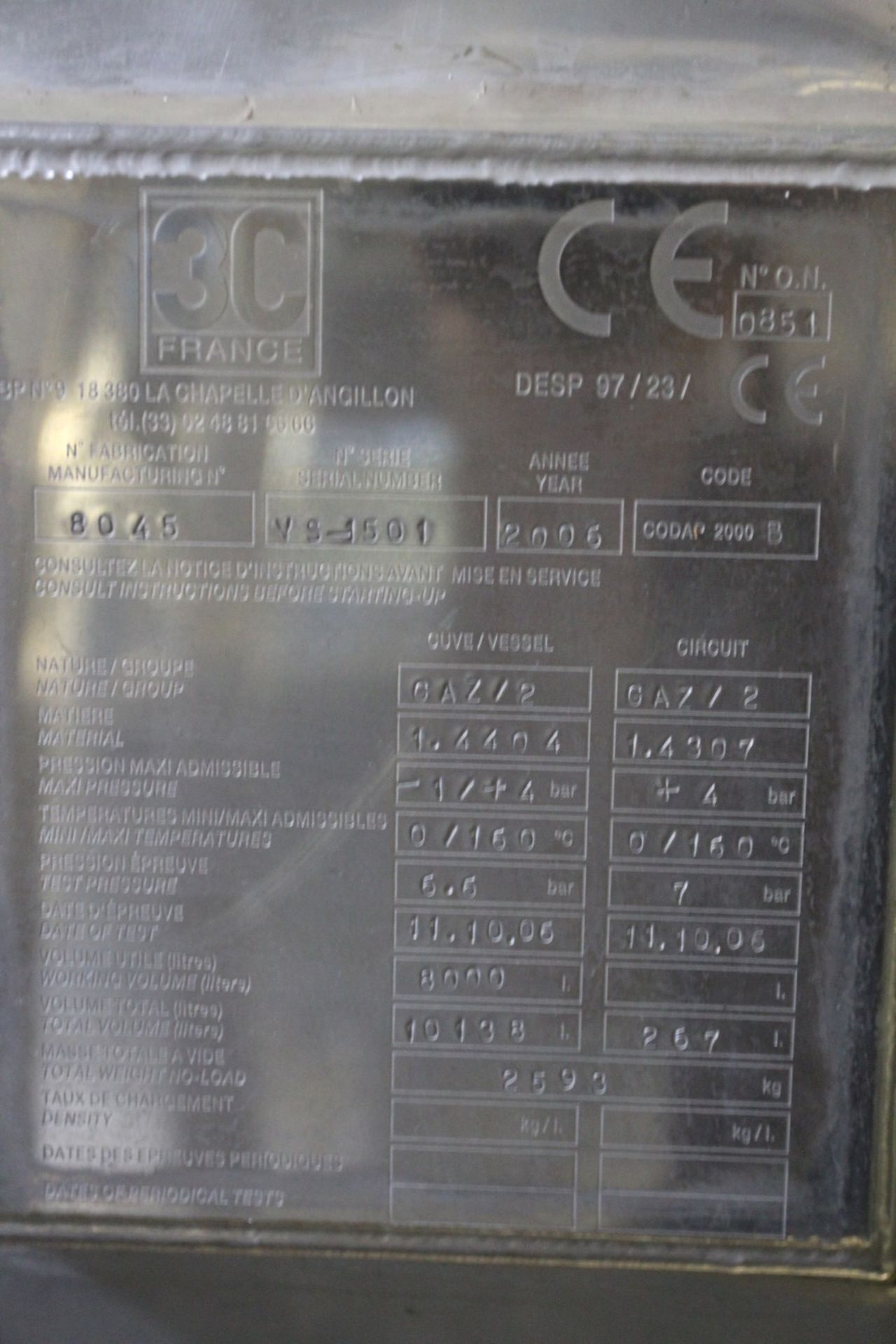 2007 Berson/3C France Stainless Steel Tank Return System, s/n 10749, 2005 3C France 8000 Liter Tank, - Image 7 of 9