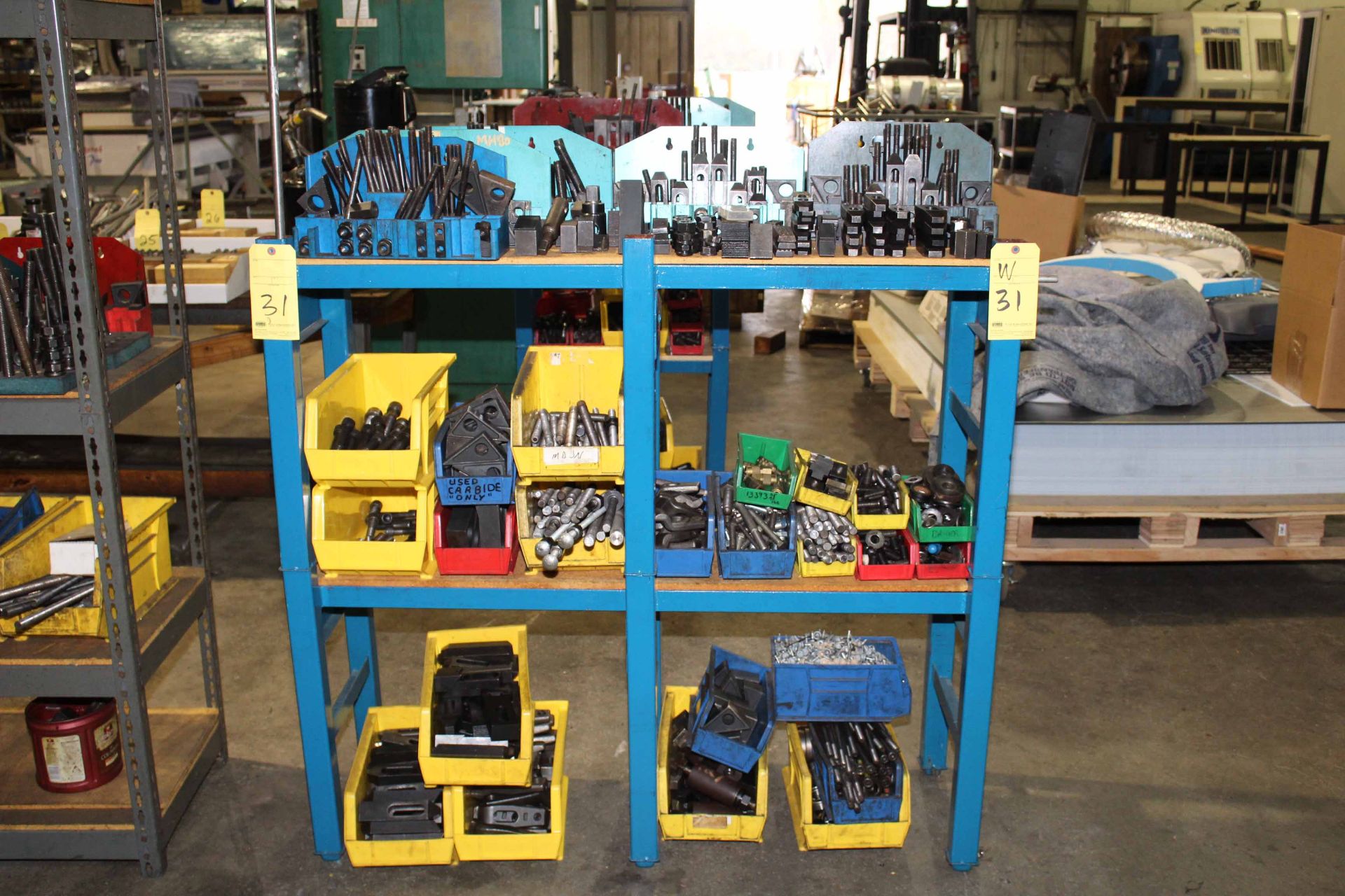 LOT OF SET-UP EQUIPMENT: studs, T-nuts, flange nuts, step blocks, assorted fasteners, w/racks