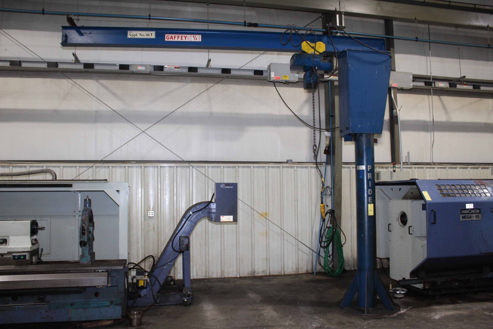 PEDESTAL JIB CRANE, GAFFEY ¼ T. X APPROX. 10’ REACH, approx. 9’ under hook, ¼ T. electric chain