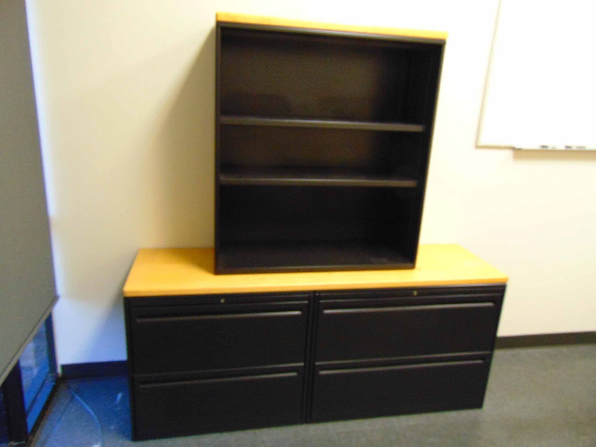 LOT OF OFFICE FURNITURE: L-shaped desk, (2) file cabinets, bookcase & (3) chairs - Image 2 of 2