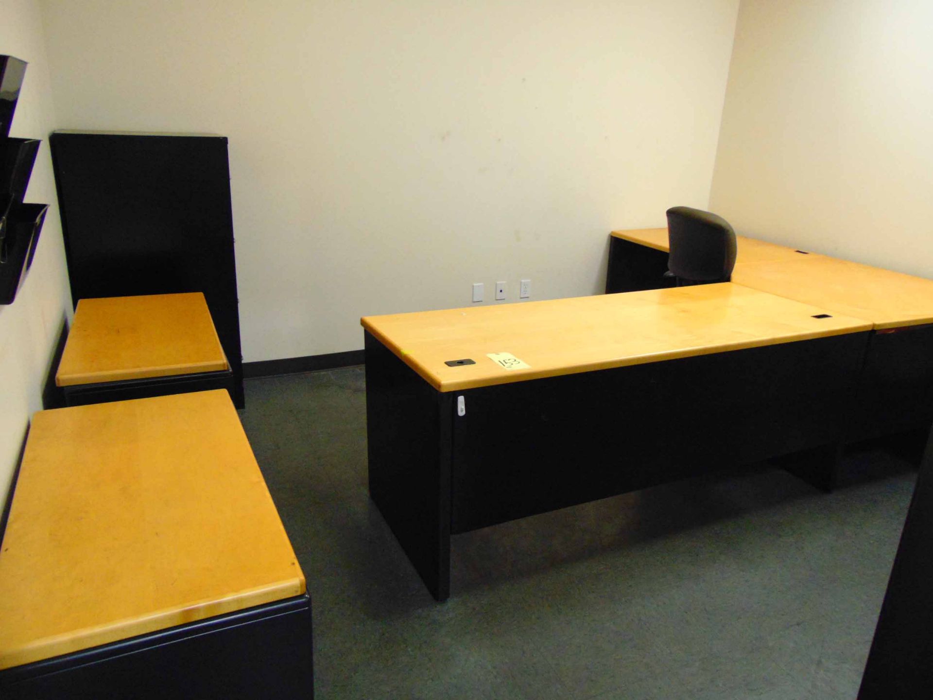 LOT OF OFFICE FURNITURE: L-shaped desk, (3) assorted file cabinets, bookcase & (3) chairs