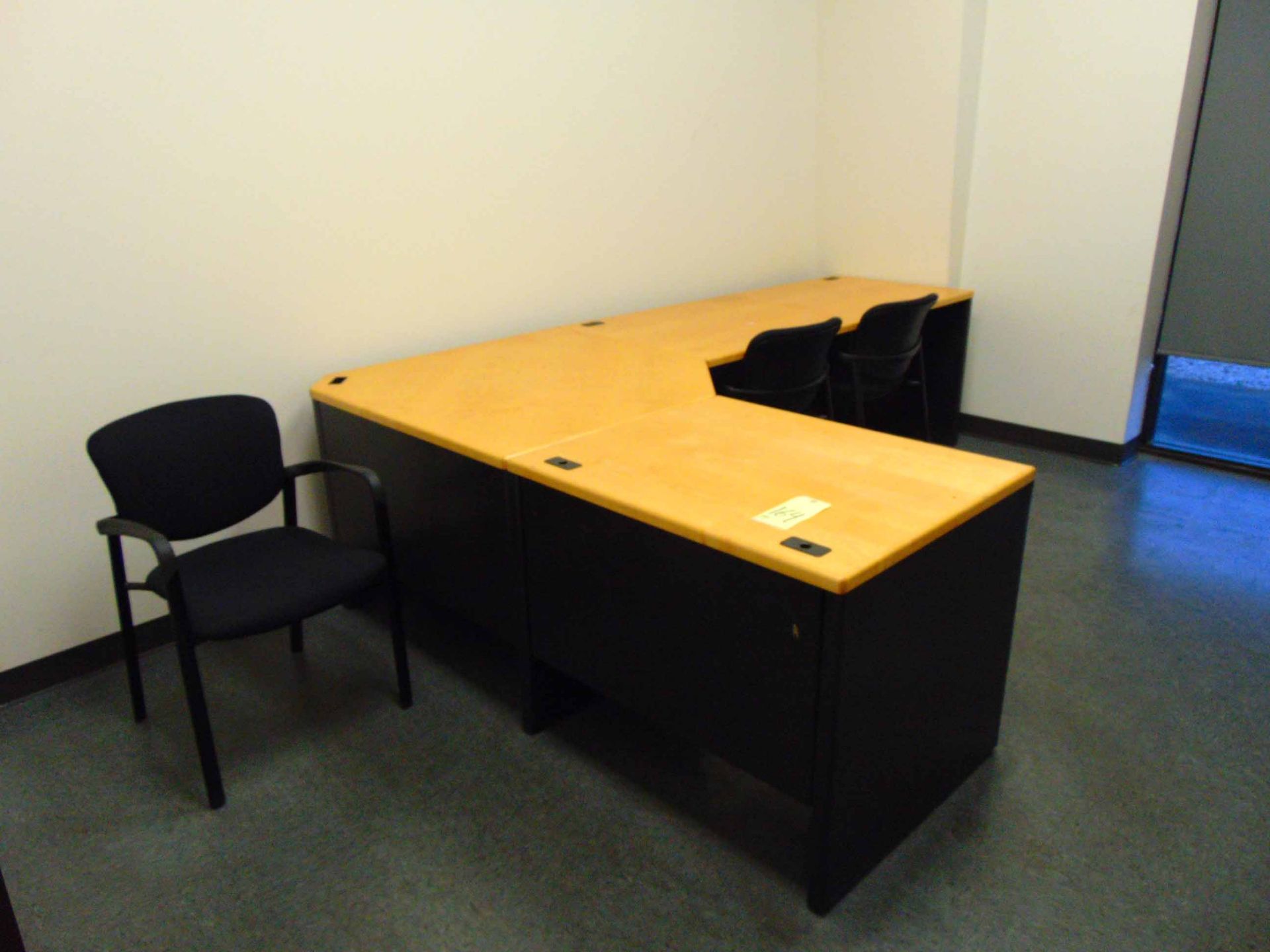 LOT OF OFFICE FURNITURE: L-shaped desk, (2) file cabinets, bookcase & (3) chairs