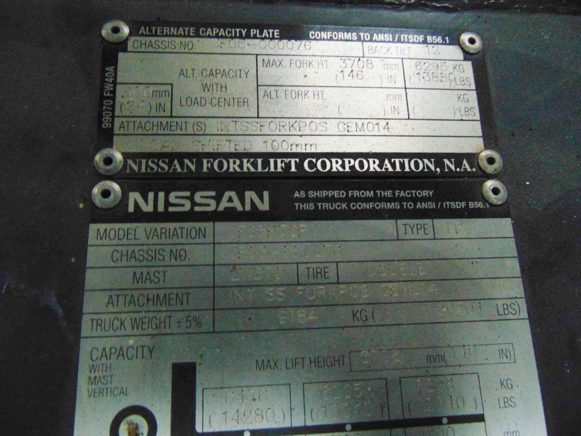 FORKLIFT, NISSAN 15,000 LB. CAP. MDL. 15-5, dual LPG system, 14,280 lbs. @ 24” L.C., 2-stage mast, - Image 8 of 12