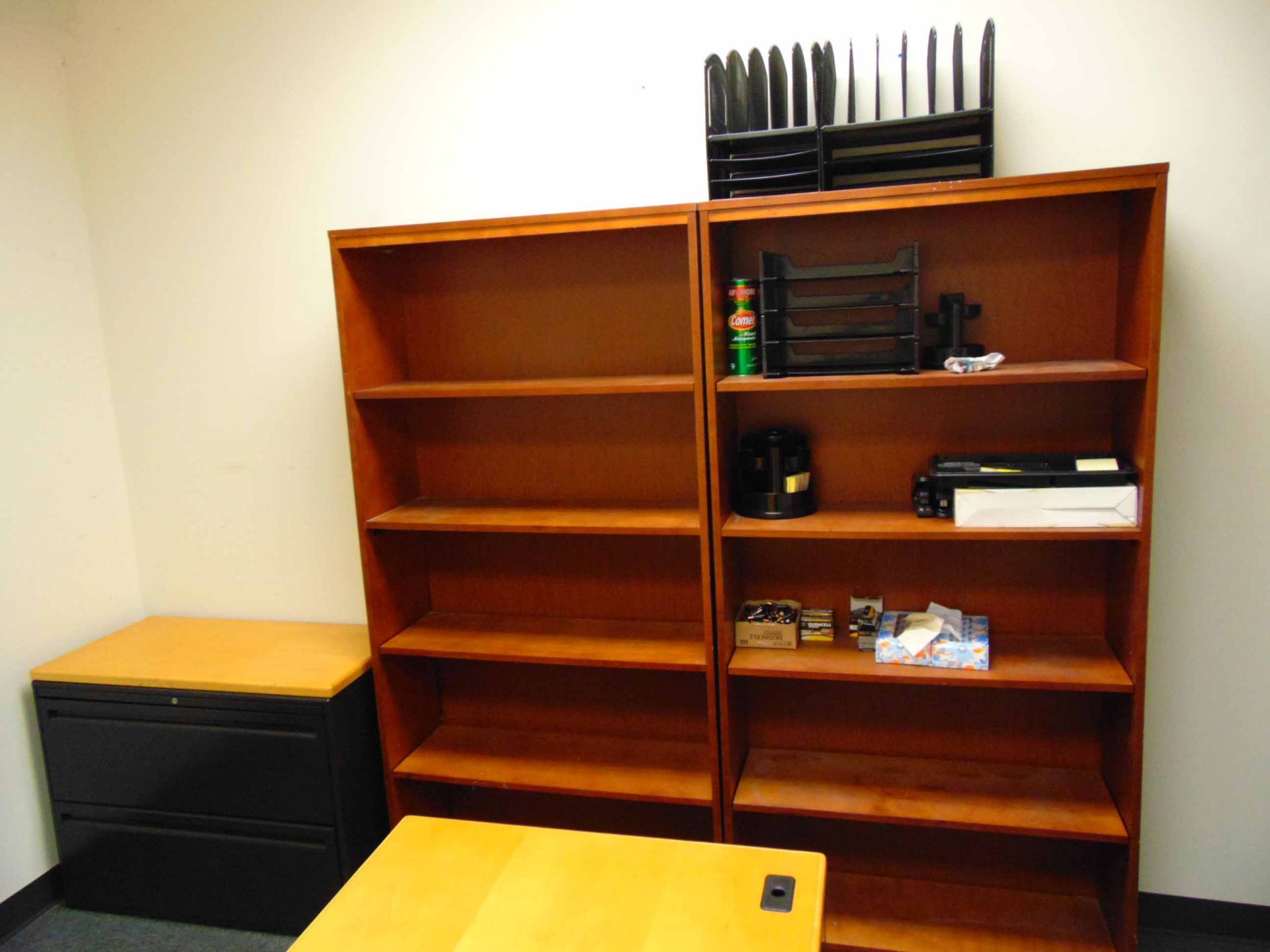 LOT OF OFFICE FURNITURE: L-shaped desk, (2) bookcases, file cabinet & (2) chairs - Image 2 of 2