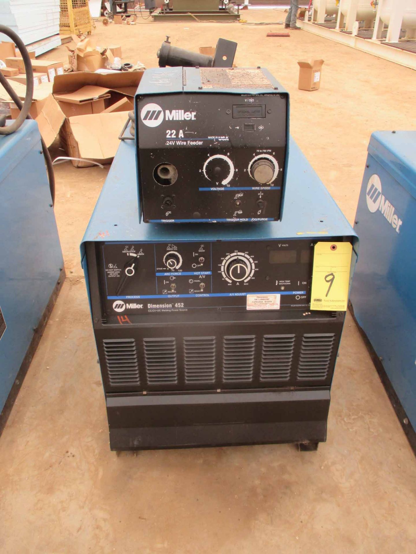 MIG WELDER, MILLER MDL. DIMENSION 452, 450 amps @ 38 v., 100% duty cycle, Miller 22A variable spd.