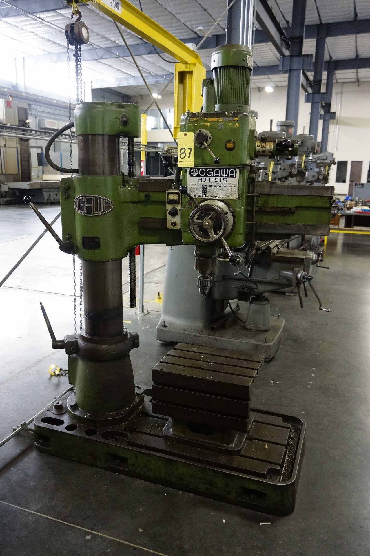 RADIAL ARM DRILL, OGAWA 3' X 9" MDL. HOR-915, spds: 145-1524 RPM, box table