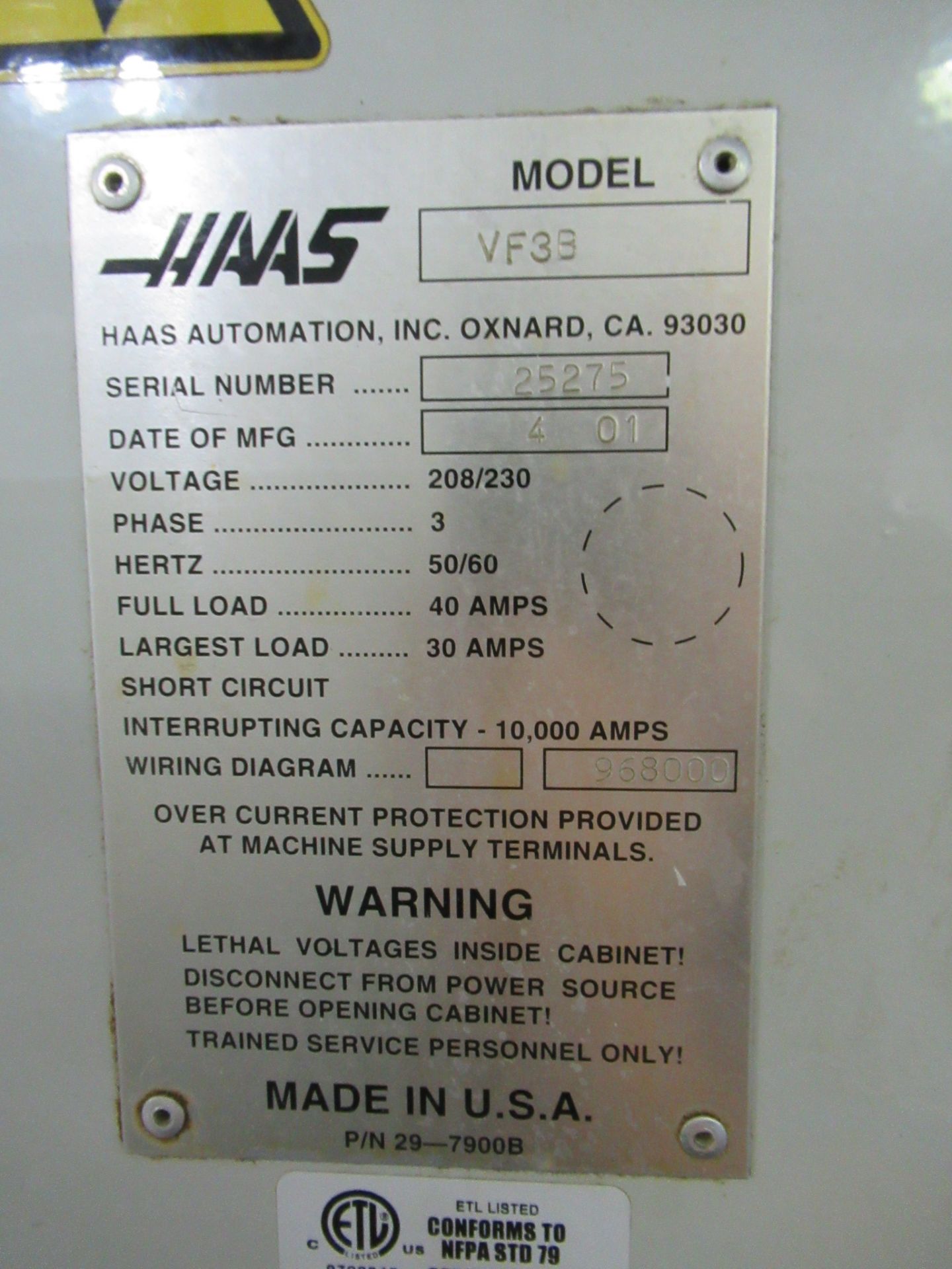 VERTICAL MACHINING CENTER, HAAS MDL. VF3B, new 2001, 48" x 18" table, 40" X-axis travel, 20" Y- - Image 4 of 7