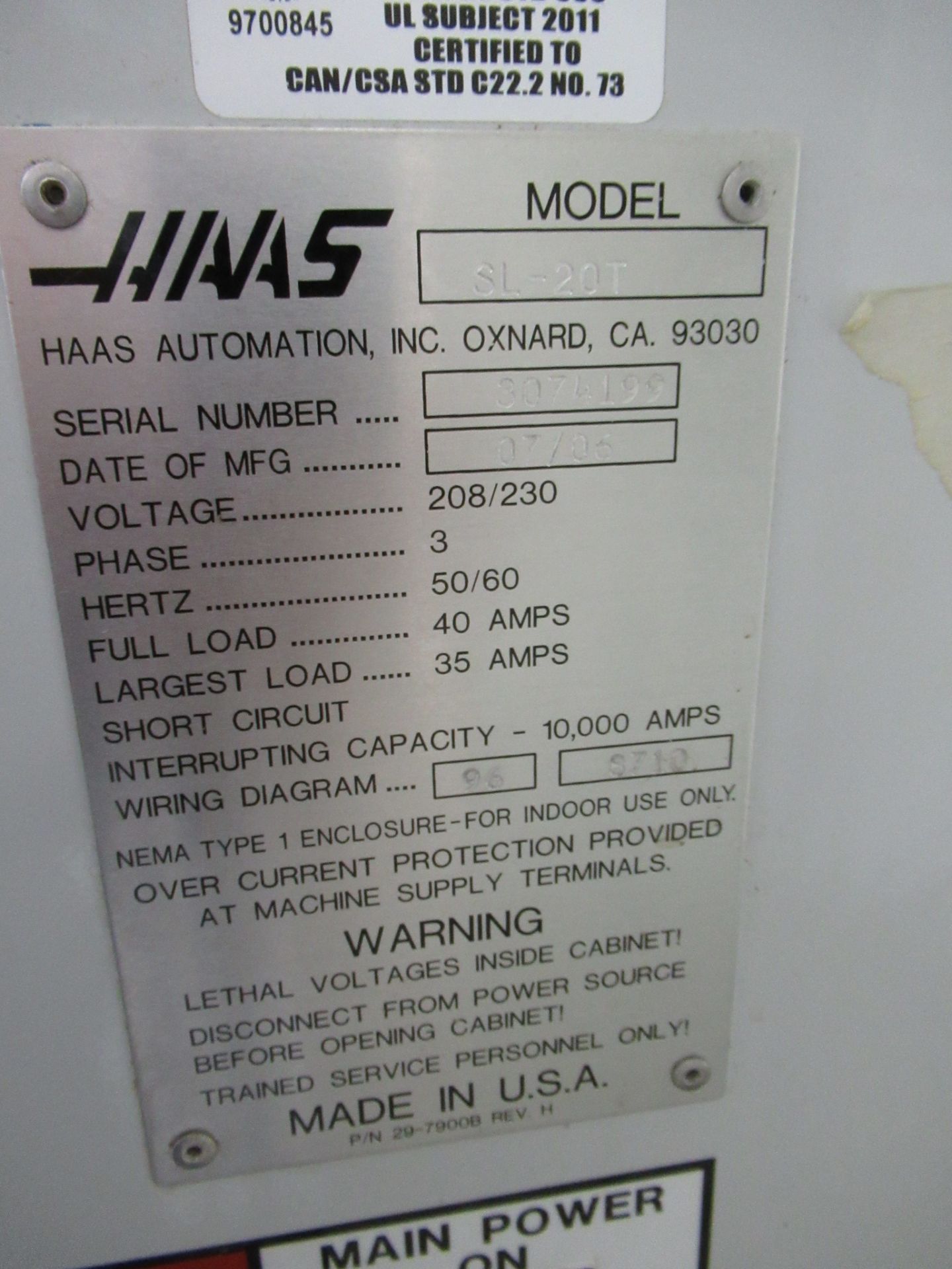 CNC LATHE, HAAS SL-20T, New in 2006, 23” max. swing, 10.3” max. turning dia., 20” cutting length, 8” - Image 7 of 7