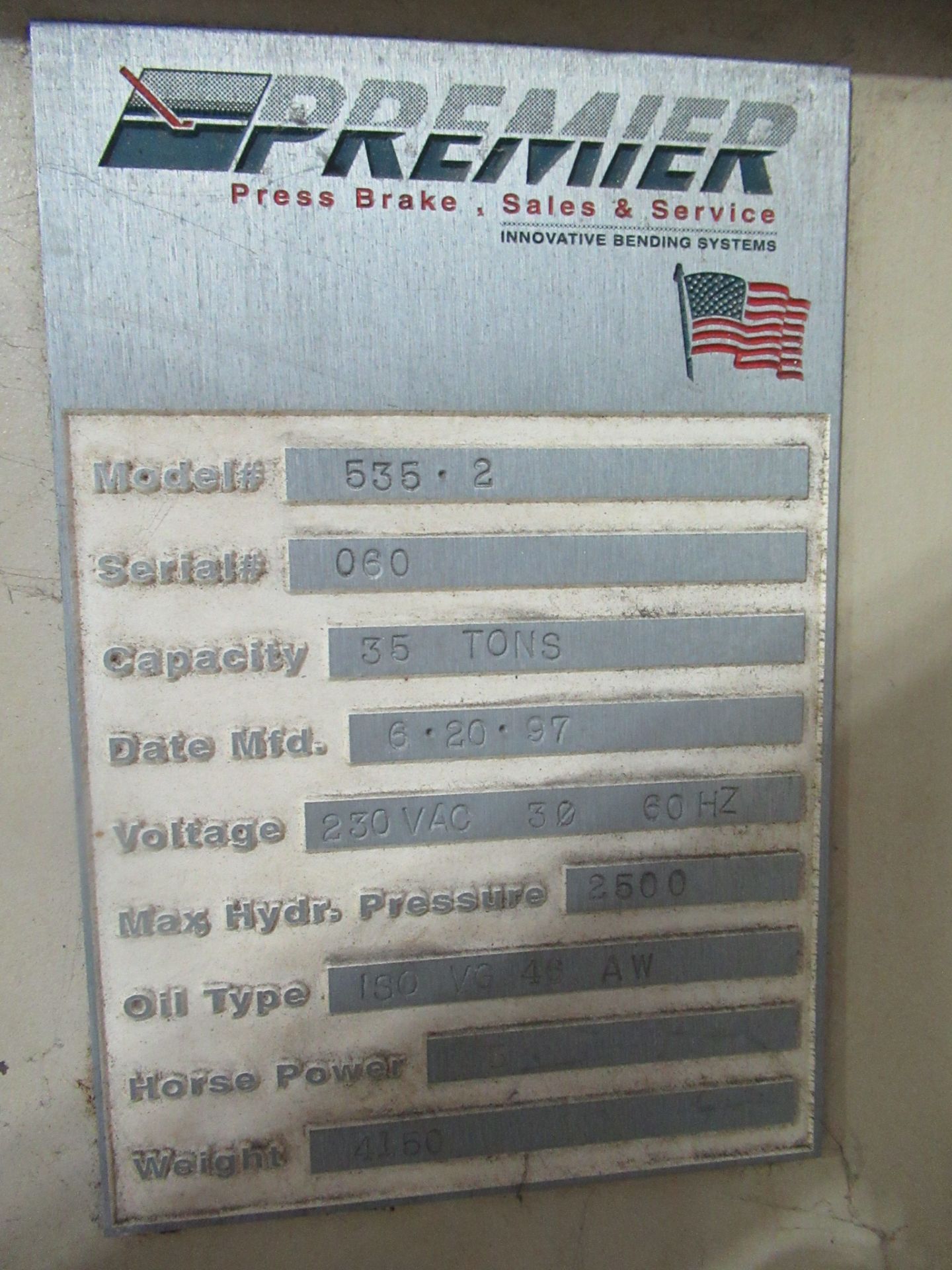 PRESSBRAKE, PREMIER 35 T. CAP. MDL. 535.2, new 1997, 5' cap., Autobend 7 control, 5 HP motor, - Image 3 of 4