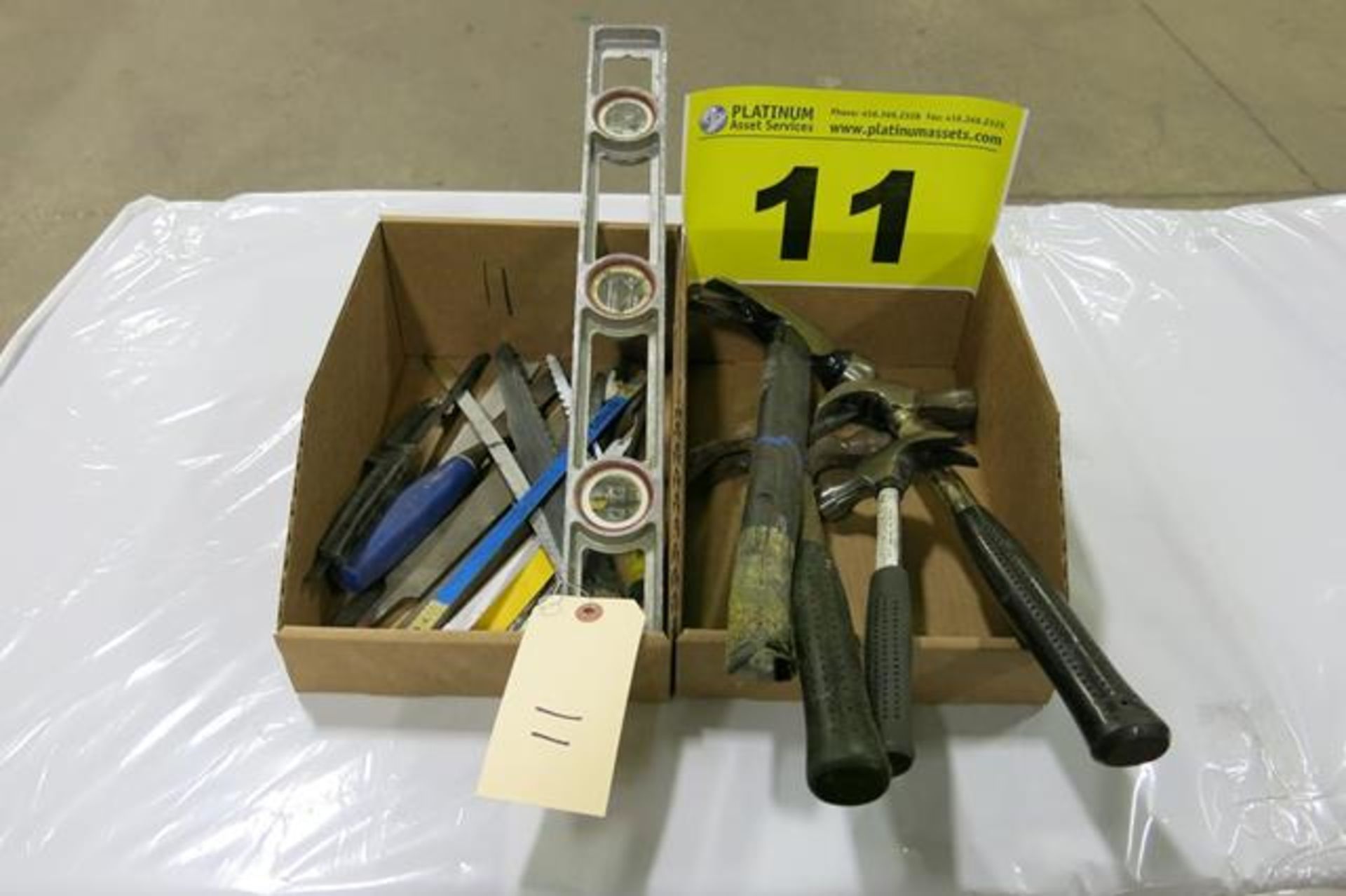 LOT OF HAMMERS, FILES, HACK SAWS AND LEVEL